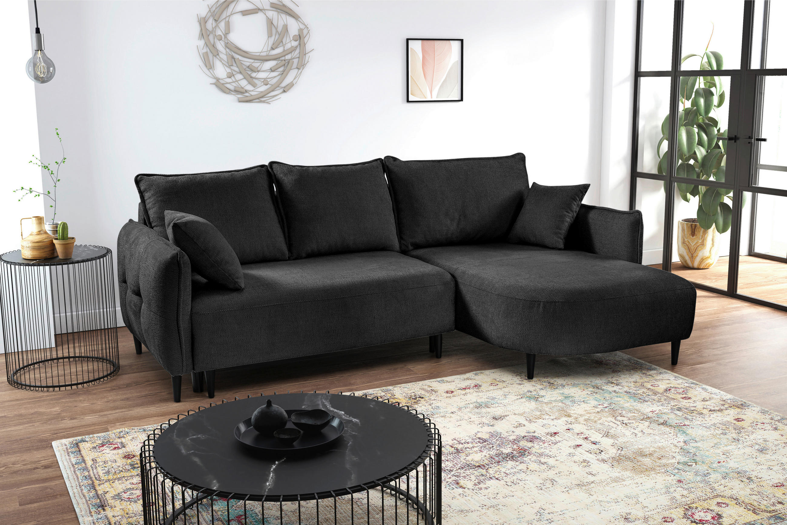 ECKSOFA in Struktur Dunkelgrün  - Dunkelgrün/Schwarz, Design, Holz/Textil (244/165cm) - MID.YOU