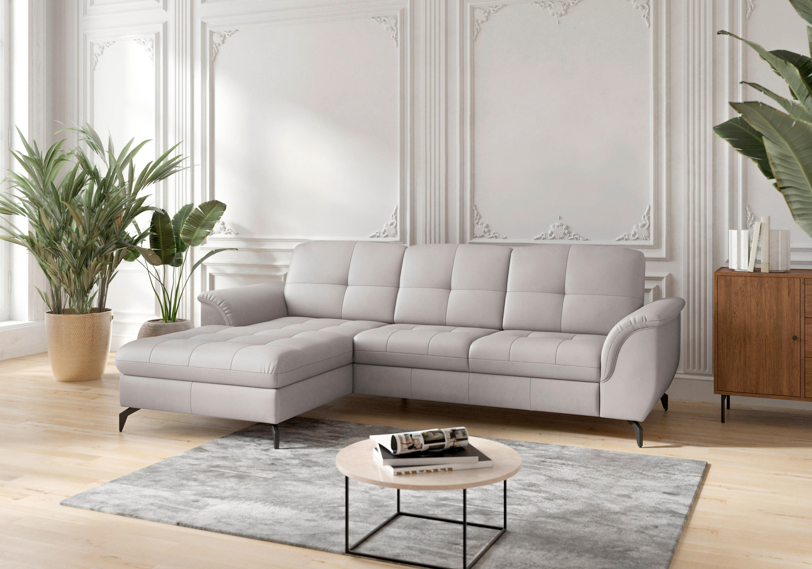 ECKSOFA in Echtleder Hellgrau  164/262 cm  - Hellgrau/Schwarz, MODERN, Leder/Metall (164/262cm) - Sit & More