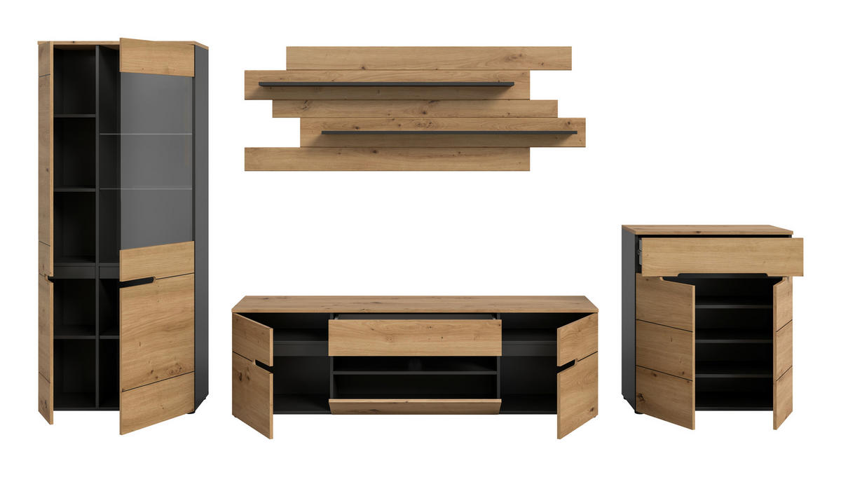 OBÝVACIA STENA dub artisan - čierna/dub artisan, Design, kompozitné drevo/plast (375/190/44cm) - Livetastic