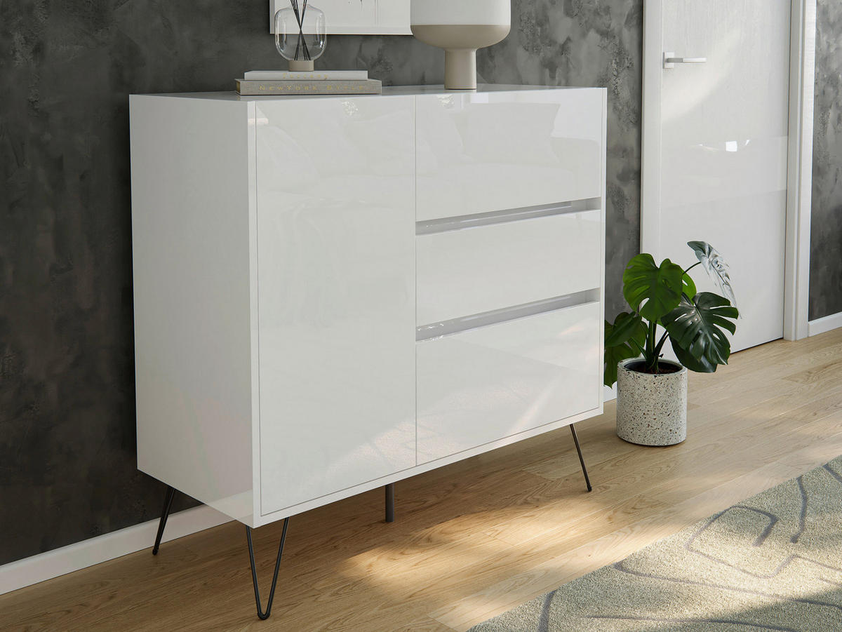 SIDEBOARD Posseik Industrial 99/93,6/42 cm 3 Schublade(n)  - Weiß Hochglanz/Schwarz, Design, Holzwerkstoff/Metall (99/93,6/42cm) - MID.YOU