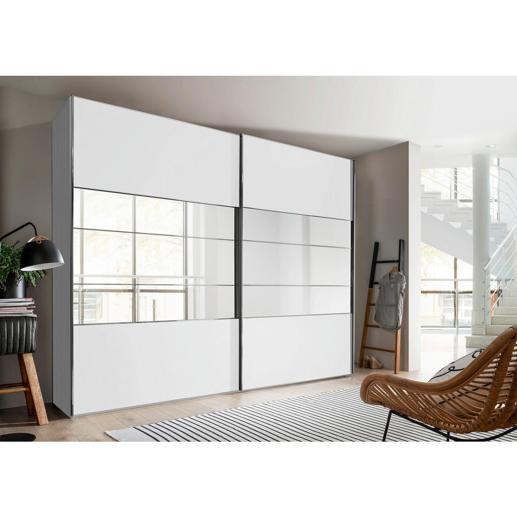 Thumbnail - Voleo Schwebetürenschrank, Weiß, Holzwerkstoff, 9 Fächer, 2 Schubladen, 300x217x67 cm, ISO 9001, Goldenes M, Made in Ger...