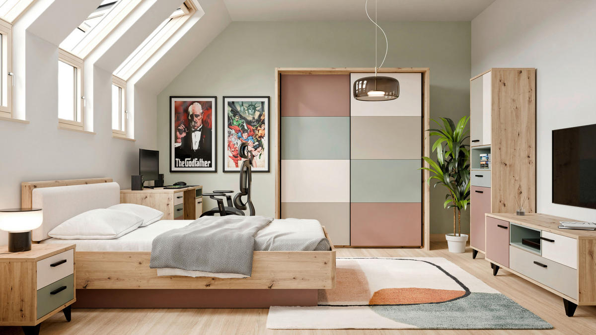 SCHWEBETÜRENSCHRANK Taupe, Sandfarben, Terracotta, Salbeigrün, Eiche Artisan 2 Tür(en)  - Taupe/Sandfarben, Design, Holzwerkstoff/Metall (170/211/61cm) - Carryhome