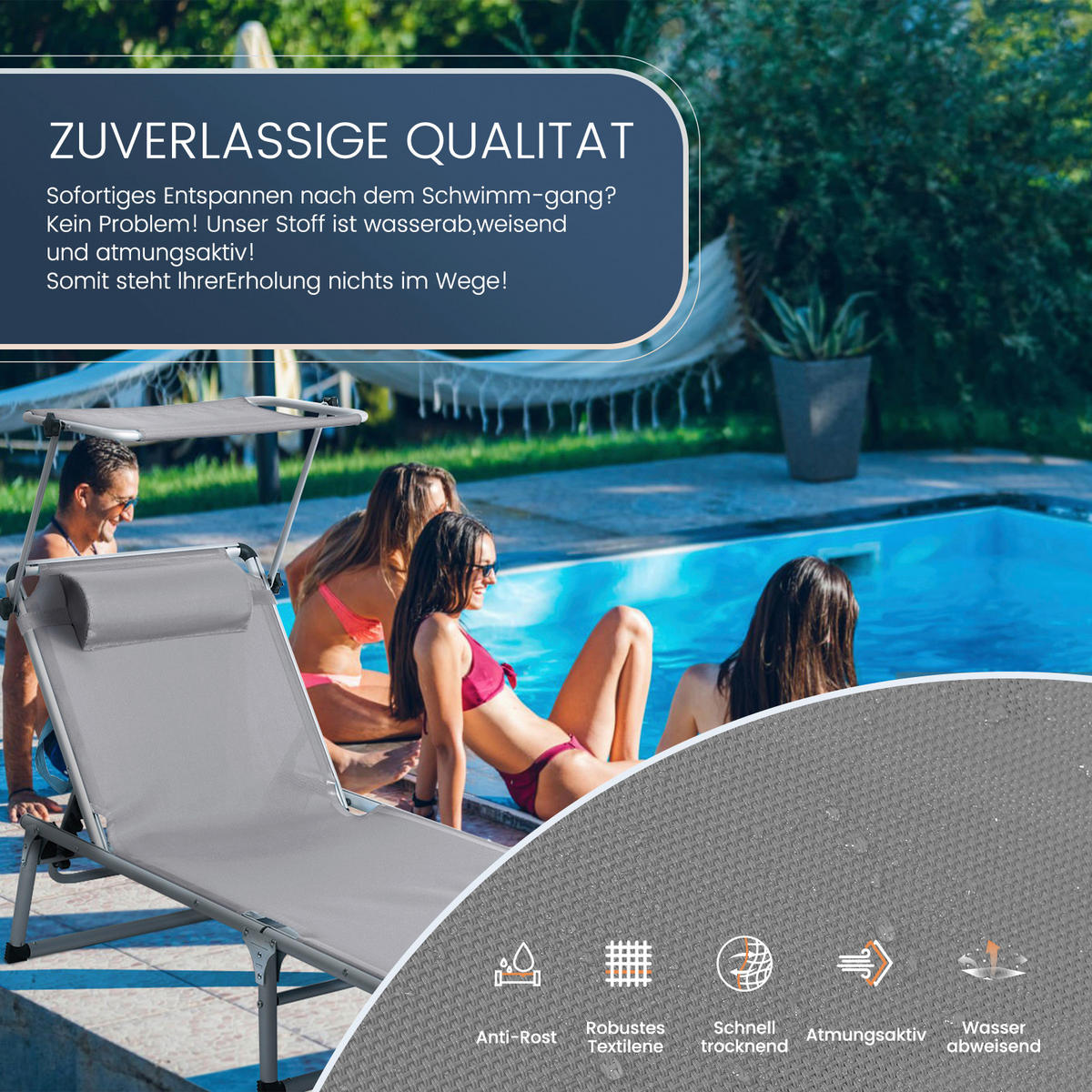 STRANDLIEGE 190/73/62 cm  - Taupe, Basics, Textil/Metall (190/73/62cm) - Modante