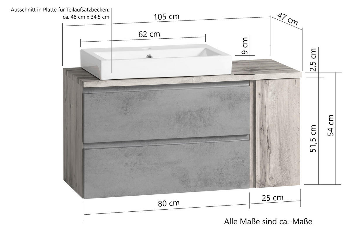 WASCHTISCHKOMBI 105 cm  - Eiche Wotan/Weiß, MODERN, Keramik/Holzwerkstoff (105cm) - Held