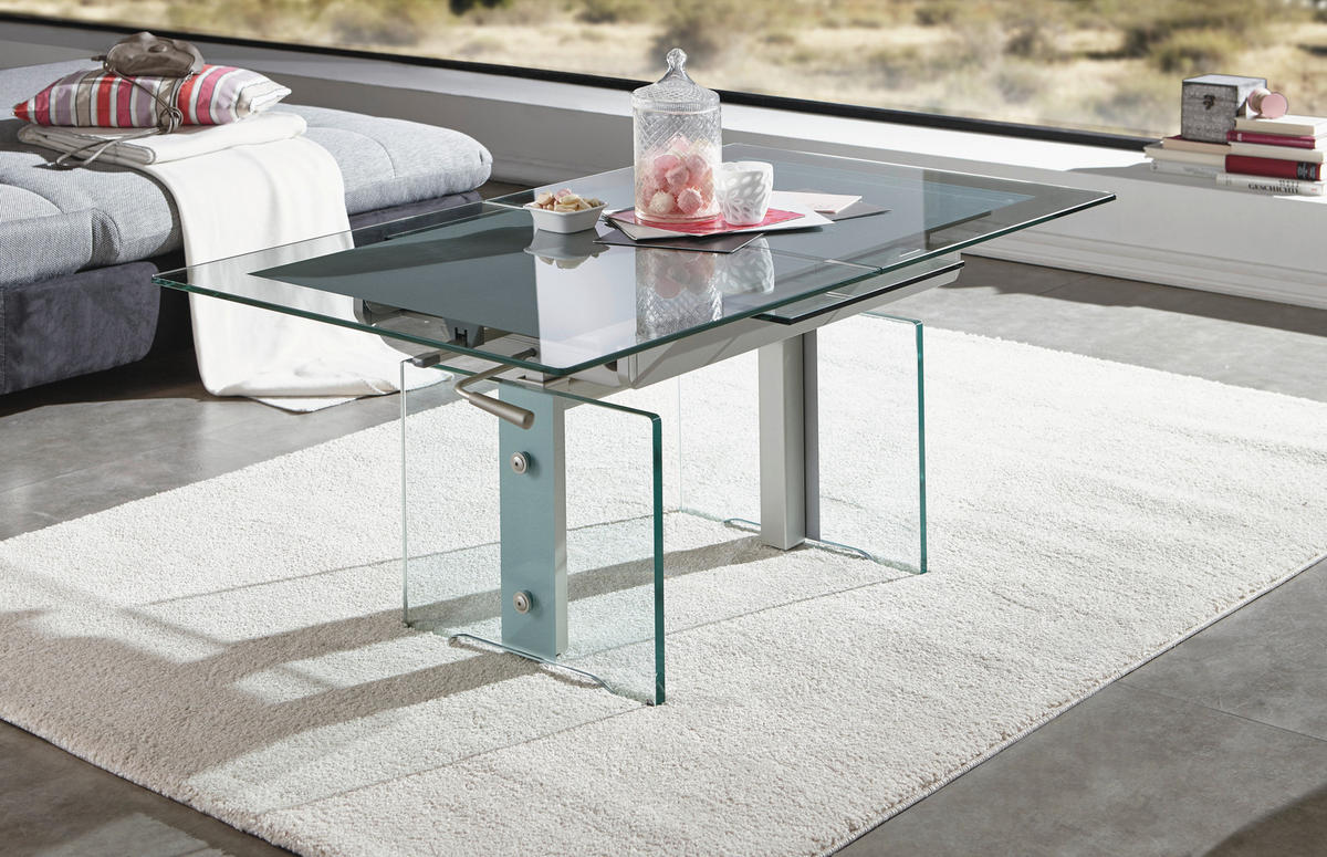 COUCHTISCH 125-166/75/56-75 cm ESG, Klarglas rechteckig Transparent ausziehbar, höhenverstellbar  - Transparent, Design, Glas/Metall (125-166/75/56-75cm)