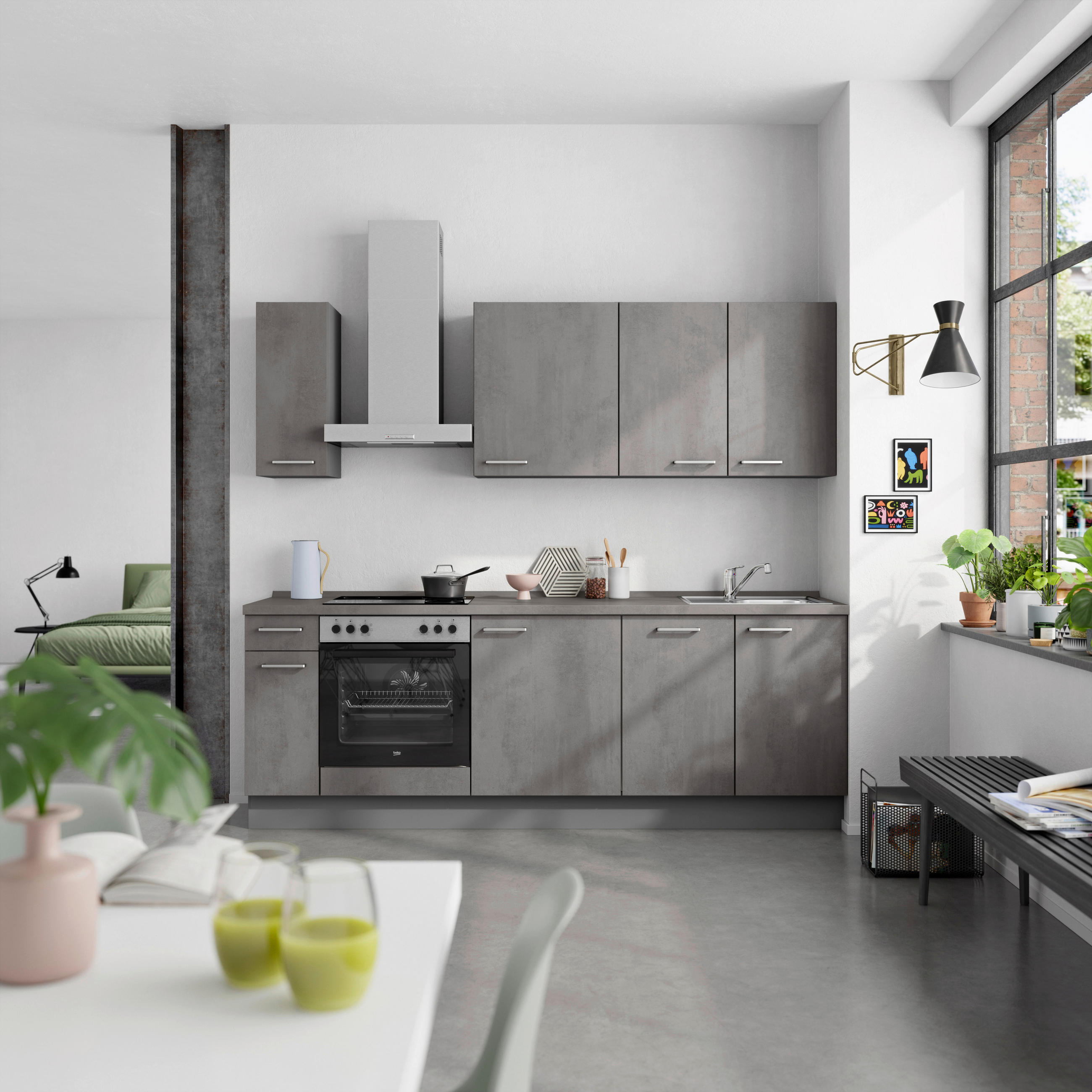 KÜCHENBLOCK Riva 240 cm  in Schieferfarben  - Schieferfarben/Edelstahlfarben, MODERN, Holzwerkstoff/Metall (240cm) - Nobilia