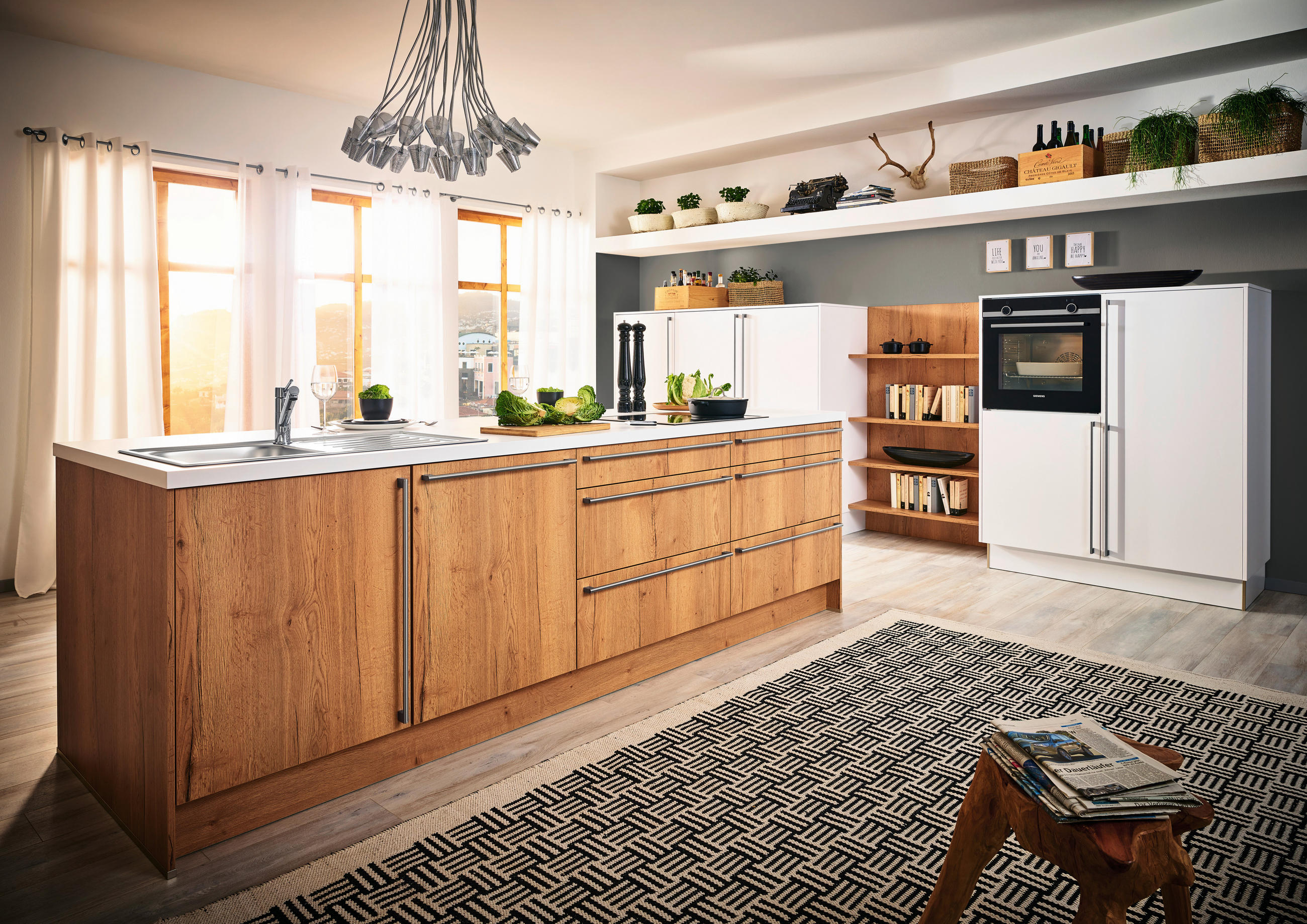 EINBAUKÜCHE TORONTO  - Eichefarben/Weiß, Design, Holzwerkstoff - Moderano