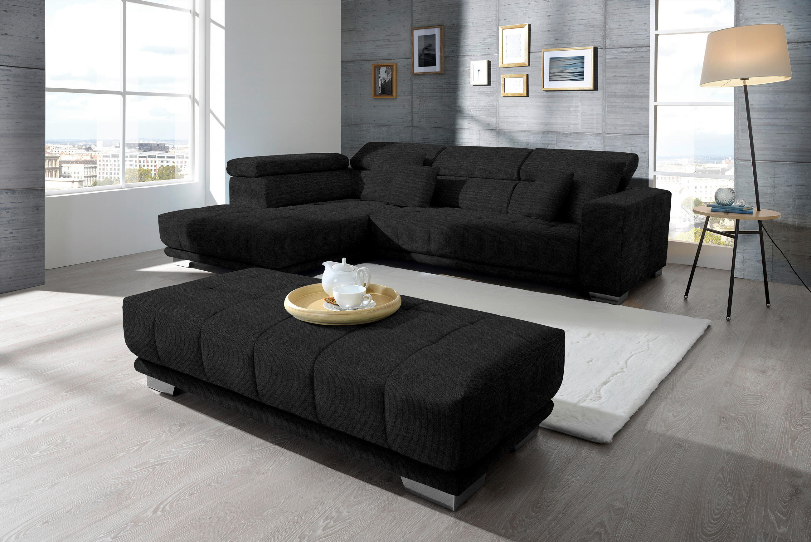 ECKSOFA in Mikrofaser Graphitfarben  - Chromfarben/Graphitfarben, Design, Textil/Metall (207/301cm) - Xora