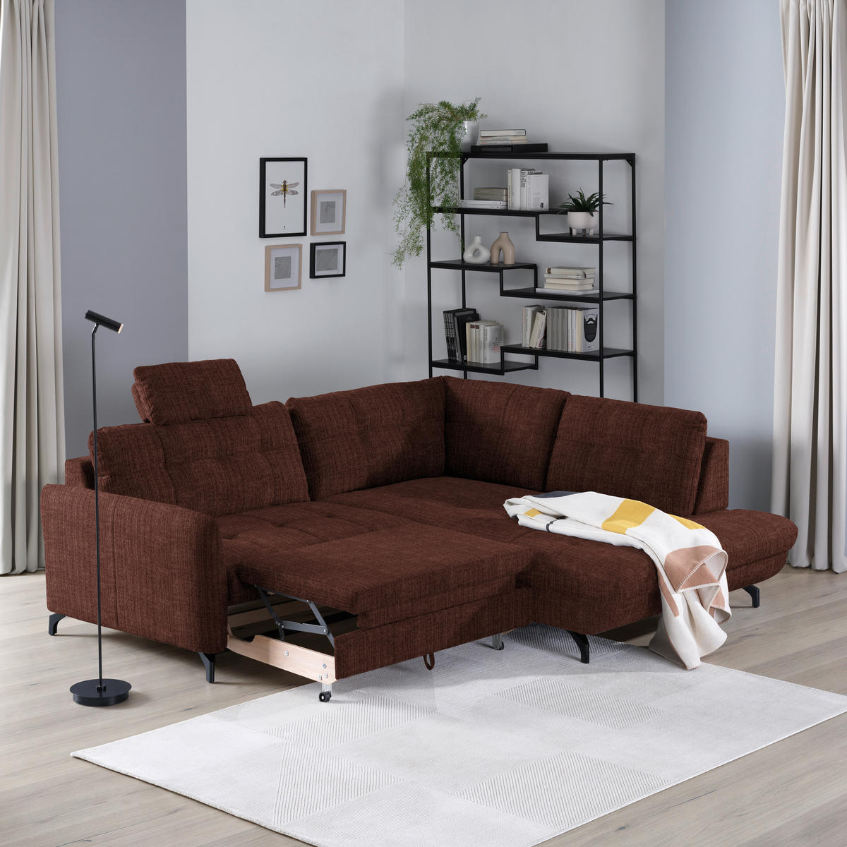 ECKSOFA in Flachgewebe, Leinenoptik Rotbraun  - Rotbraun/Schwarz, Modern, Textil/Metall (247/208cm) - Xora