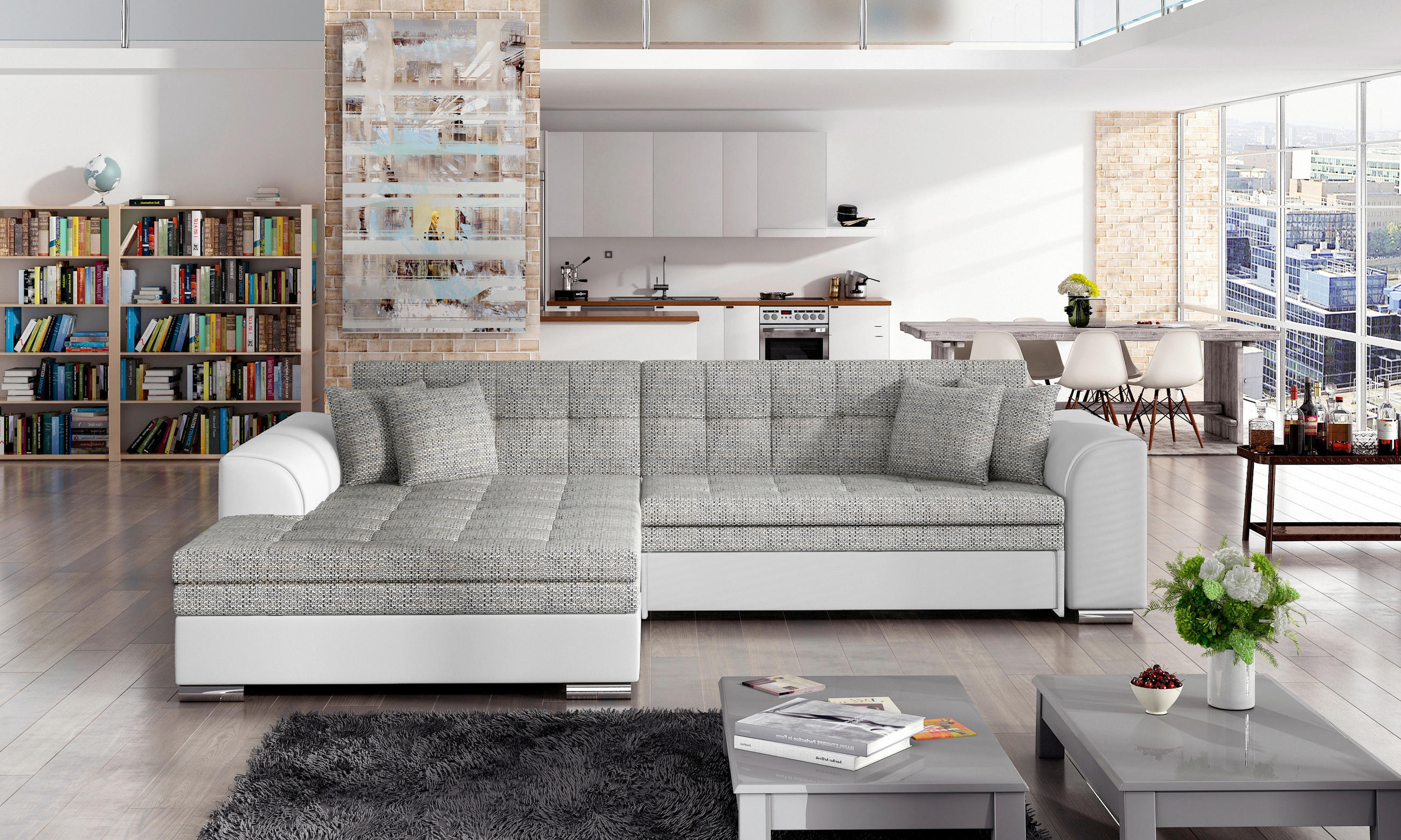 ECKSOFA Grau, Weiß Webstoff  - Chromfarben/Weiß, Design, Kunststoff/Textil (194/296cm) - MID.YOU