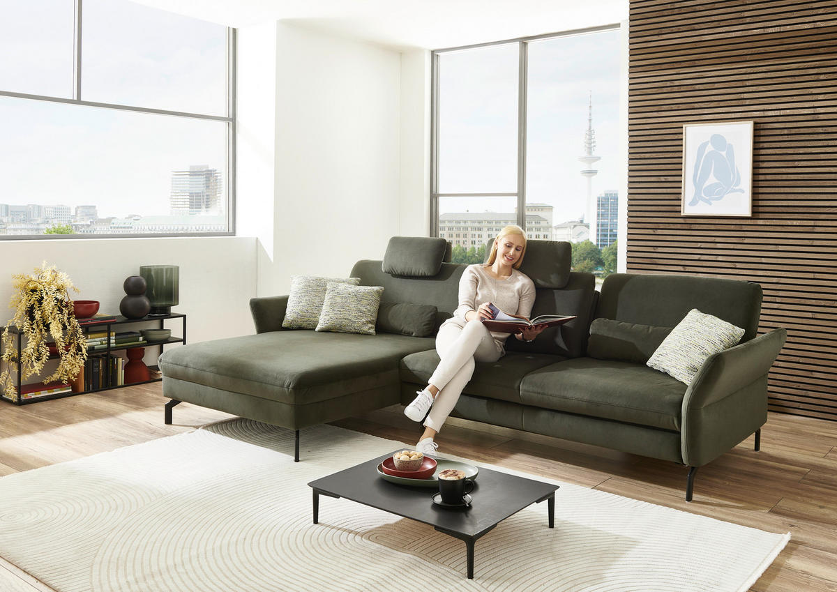 ECKSOFA in Velours Olivgrün  - Schwarz/Olivgrün, Design, Textil/Metall (179/306cm) - Beldomo System