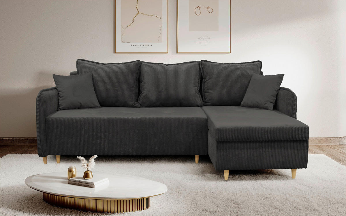 ECKSOFA TEDDY Dunkelgrau Cord, Bouclé Zierkissen, Rückenkissen, Bettkasten  - Dunkelgrau/Naturfarben, Design, Holz/Textil (215/142cm) - MID.YOU