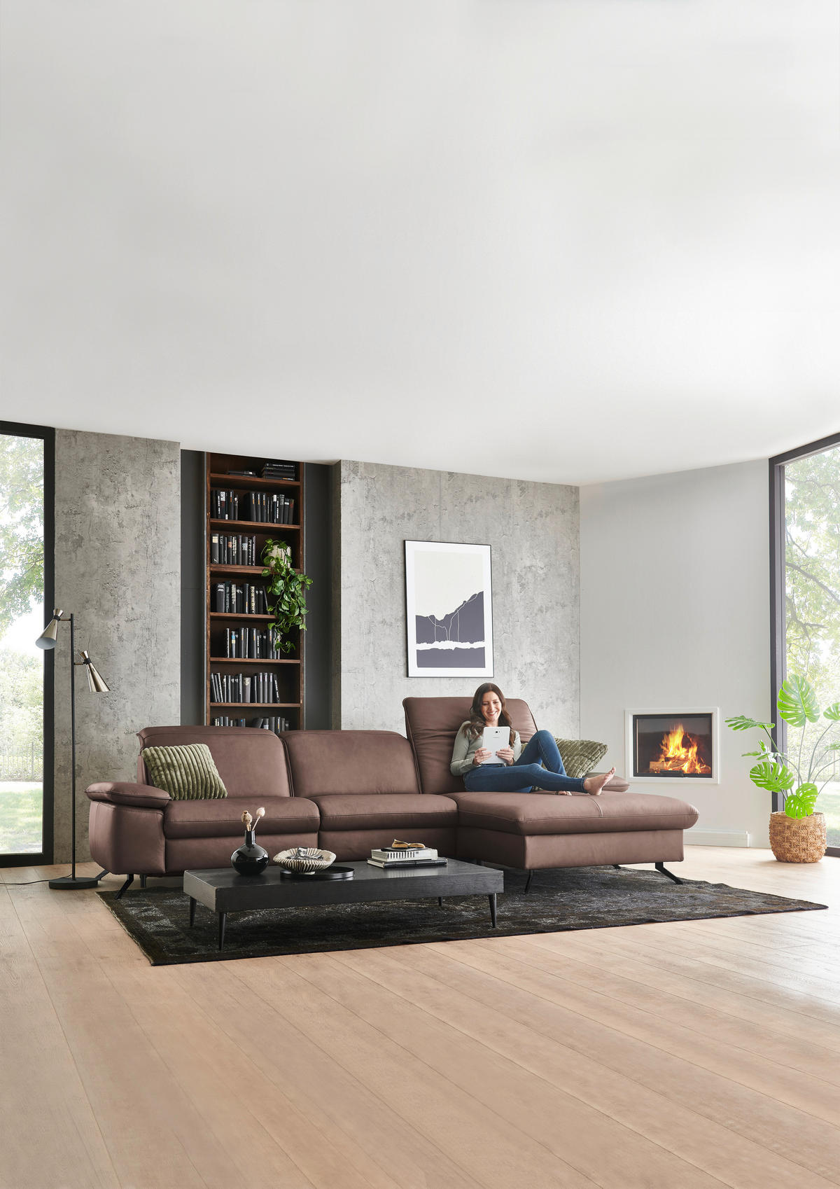 ECKSOFA Echtleder Rotbraun  - Rotbraun/Schwarz, Design, Leder/Metall (307/169cm) - Beldomo Premium
