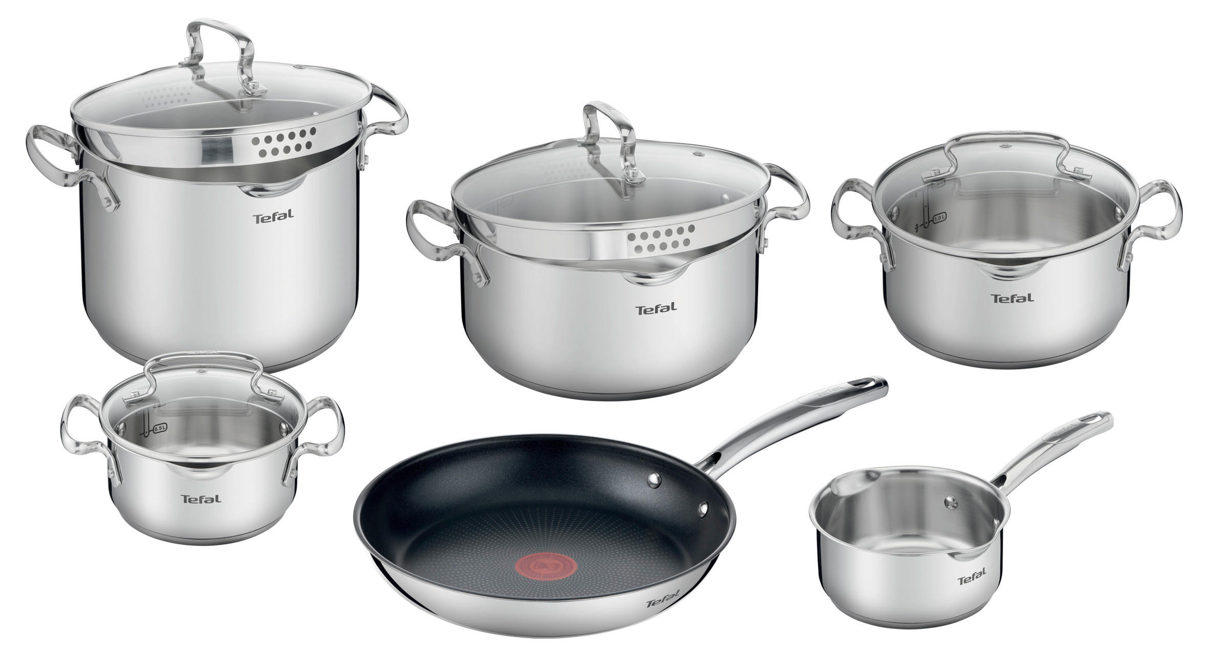 FŐZŐEDÉNYKÉSZLET 10 részes  - nemesacélszínű, Basics, üveg/fém (34/28/54cm) - Tefal