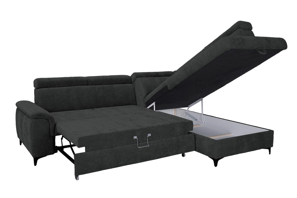 ECKSOFA Schwarz Chenille Bettkasten, Schlaffunktion, Rücken echt, Kopfteilverstellung, Liegefläche im Originalstoff  - Schwarz, KONVENTIONELL, Textil/Metall (265/206cm) - Carryhome