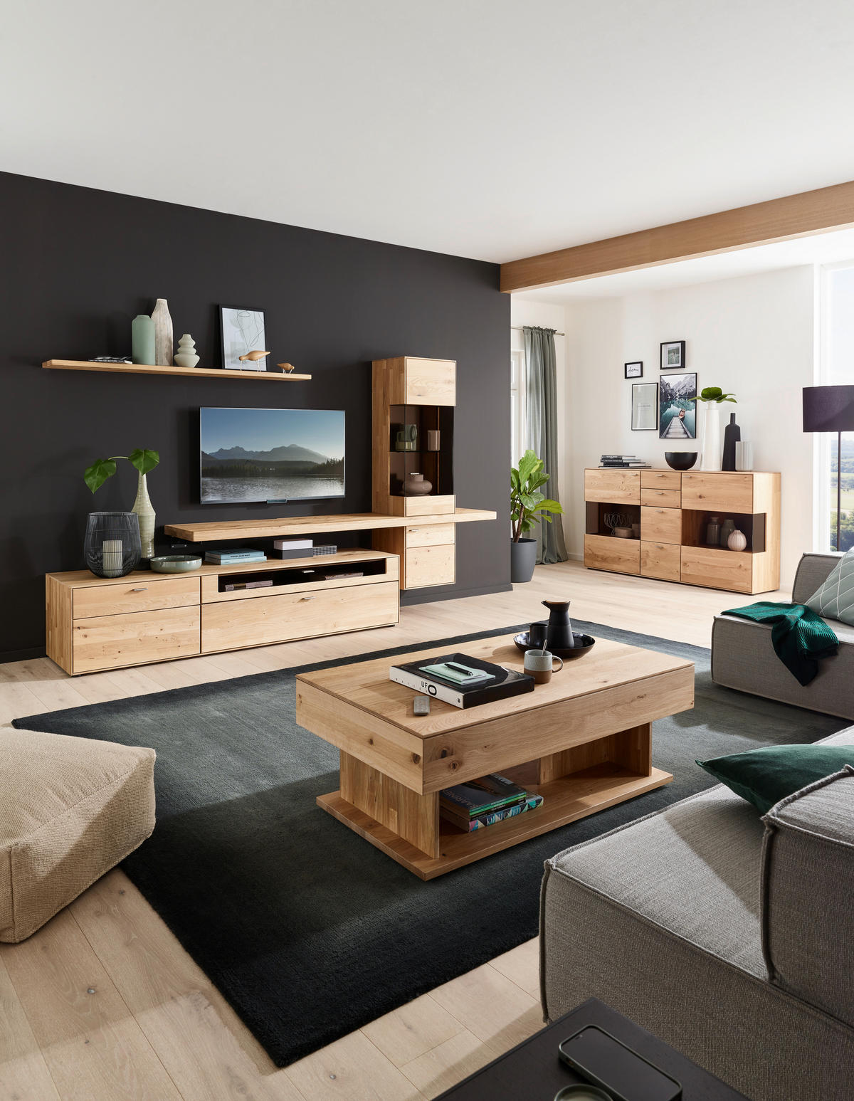 WOHNWAND  in Wildeiche  304/179/55 cm  - Wildeiche, Natur, Glas/Holz (304/179/55cm) - Valnatura