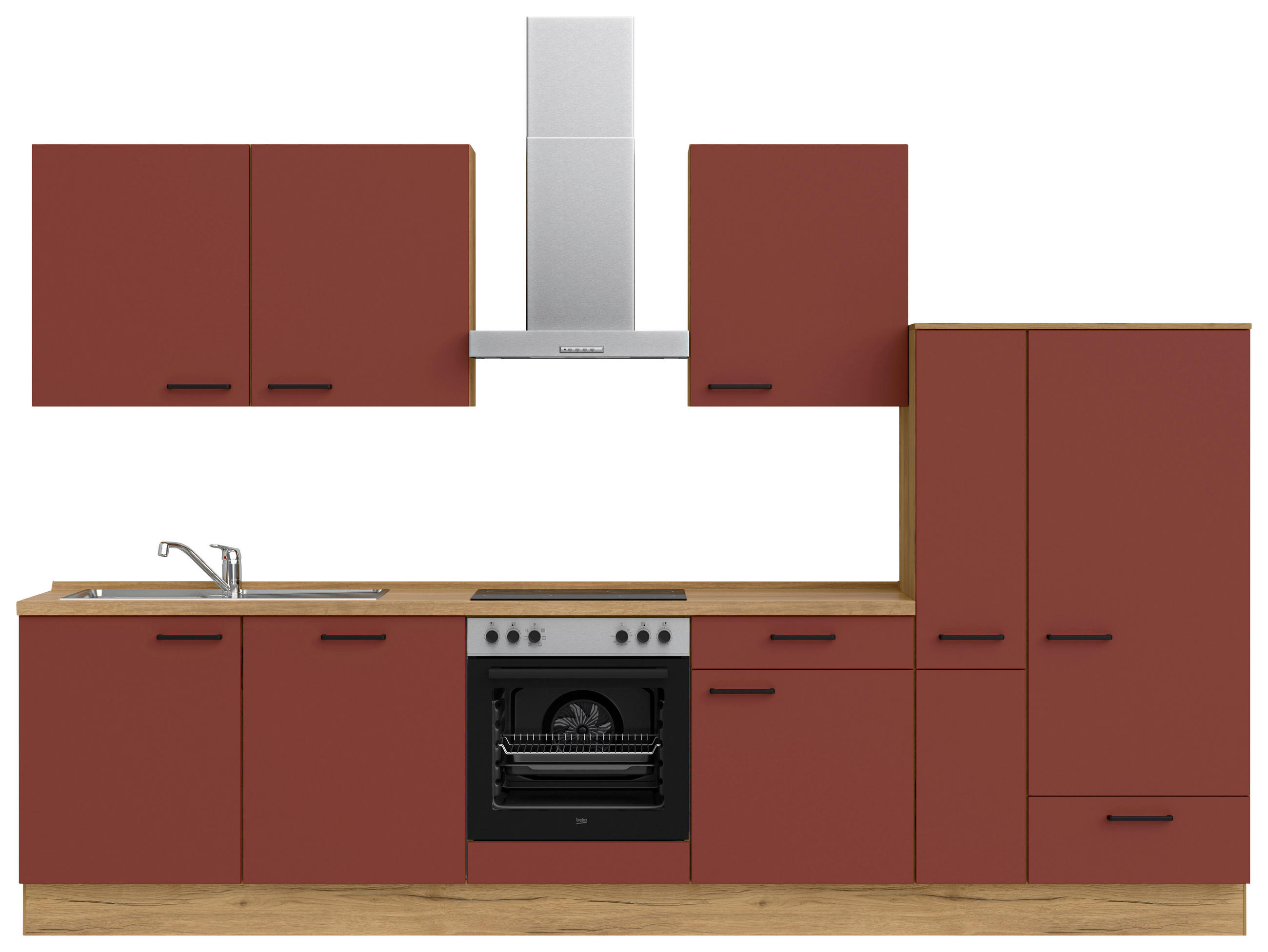 KÜCHENLEERBLOCK 330 cm   in Rot, Eichefarben  - Eichefarben/Rot, MODERN, Holzwerkstoff/Metall (330cm) - Nobilia