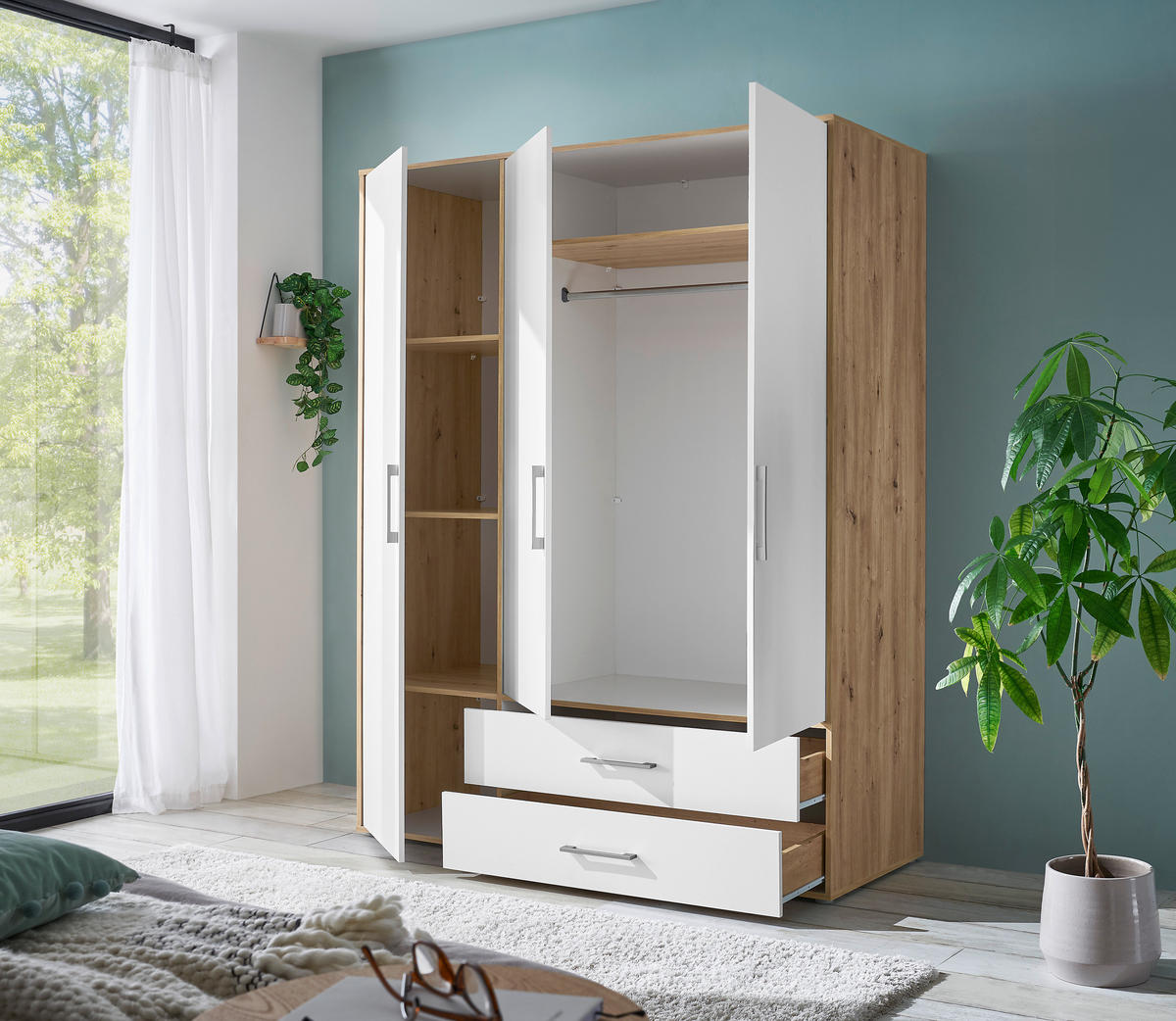 KLEIDERSCHRANK 155/195/60 cm 3-türig Weiß, Eiche Artisan  - Alufarben/Weiß, Basics, Holzwerkstoff/Kunststoff (155/195/60cm)