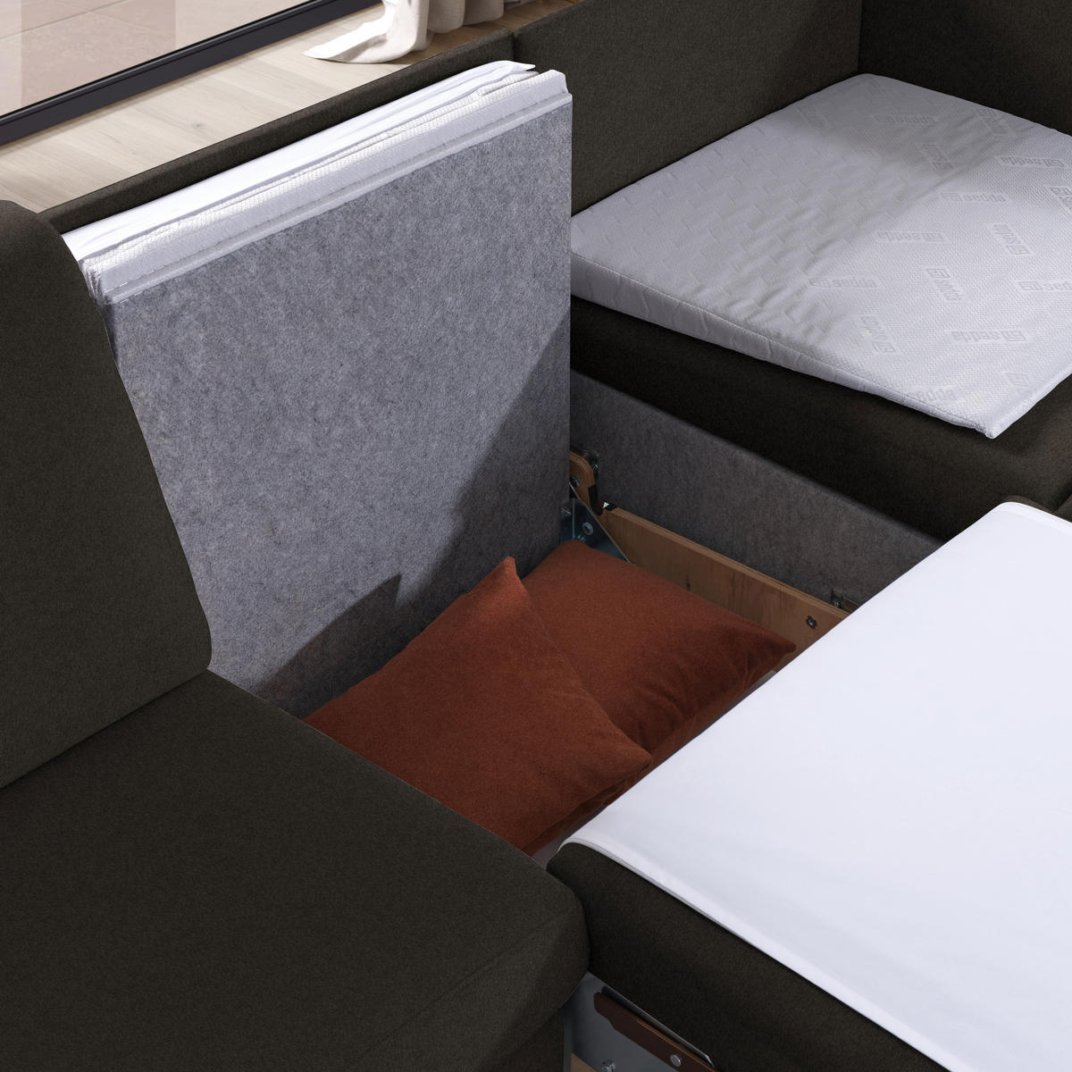 ECKSOFA in Flachgewebe Dunkelbraun  261/203 cm  - Eichefarben/Dunkelbraun, KONVENTIONELL, Holz/Textil (261/203cm) - Sedda