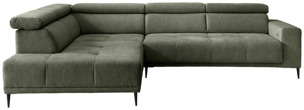 ECKSOFA INTERA Dunkelgrün Struktur Kopfteilverstellung, Sitzvorzug  - Dunkelgrün/Schwarz, KONVENTIONELL, Textil/Metall (225/305cm) - Livetastic