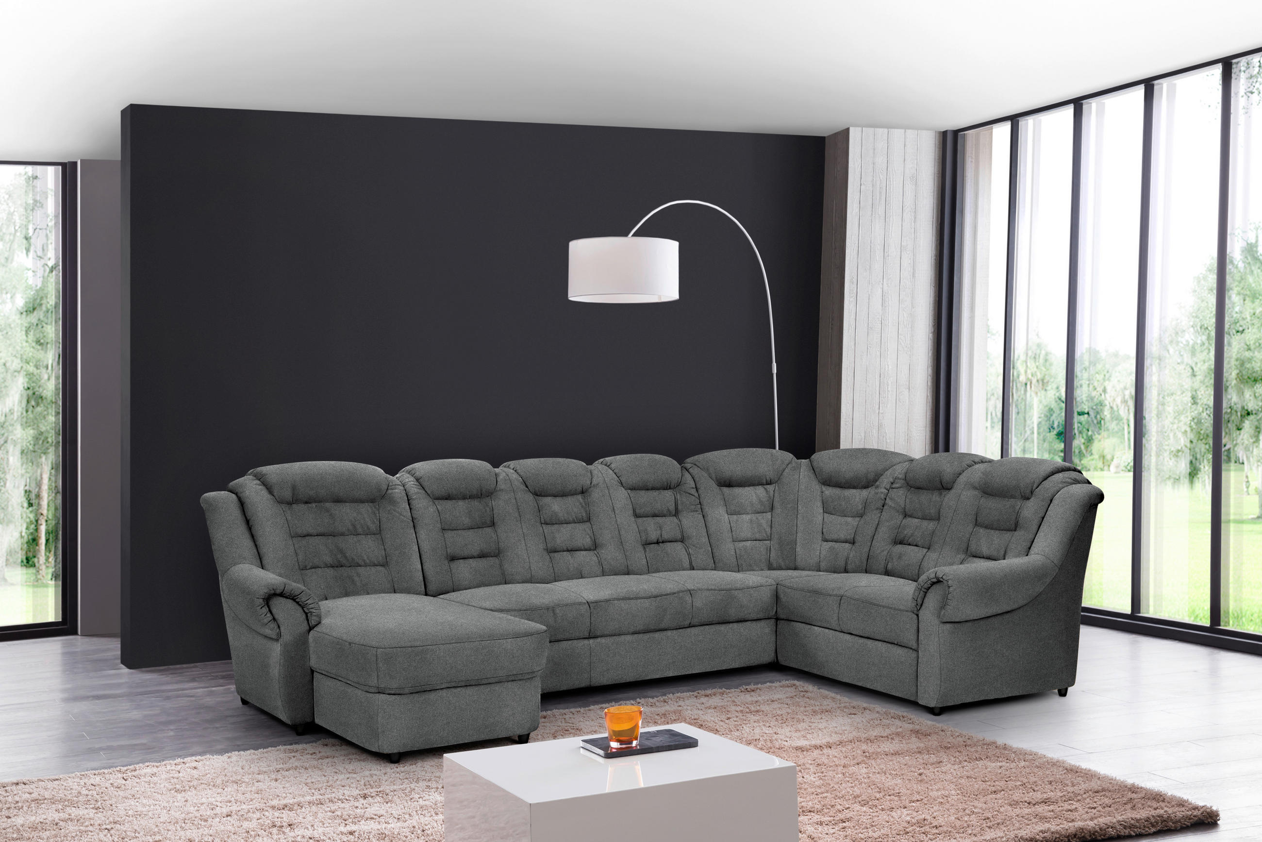 WOHNLANDSCHAFT Dunkelgrau Chenille  - Dunkelgrau/Schwarz, KONVENTIONELL, Kunststoff/Textil (165/333/216cm) - Livetastic