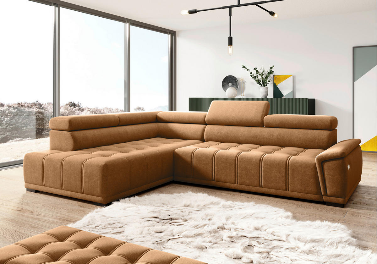 HÖRNSOFFA i chenille, vävt tyg rostfärgad  - svart/rostfärgad, Modern, textil/plast (206/283cm) - MID.YOU