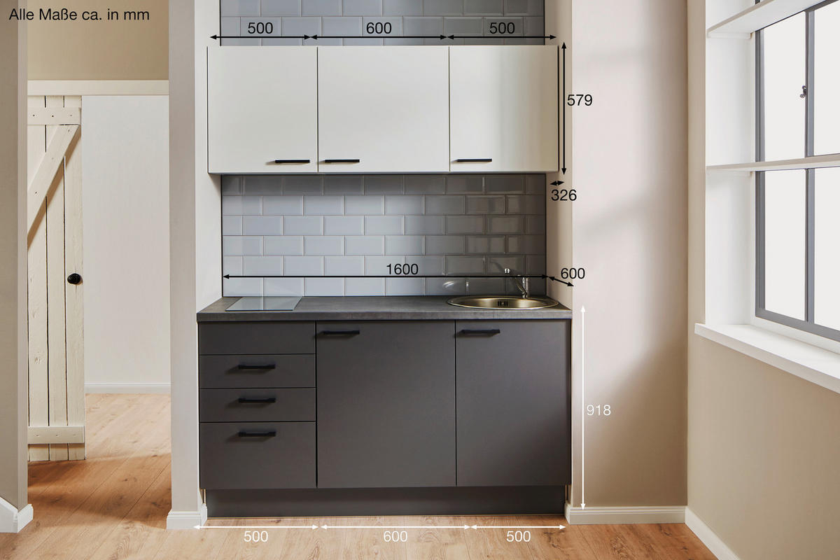KÜCHENBLOCK 160 cm   in Graphitfarben, Weiß  - Schwarz/Graphitfarben, Design, Holzwerkstoff/Metall (160cm) - Pino