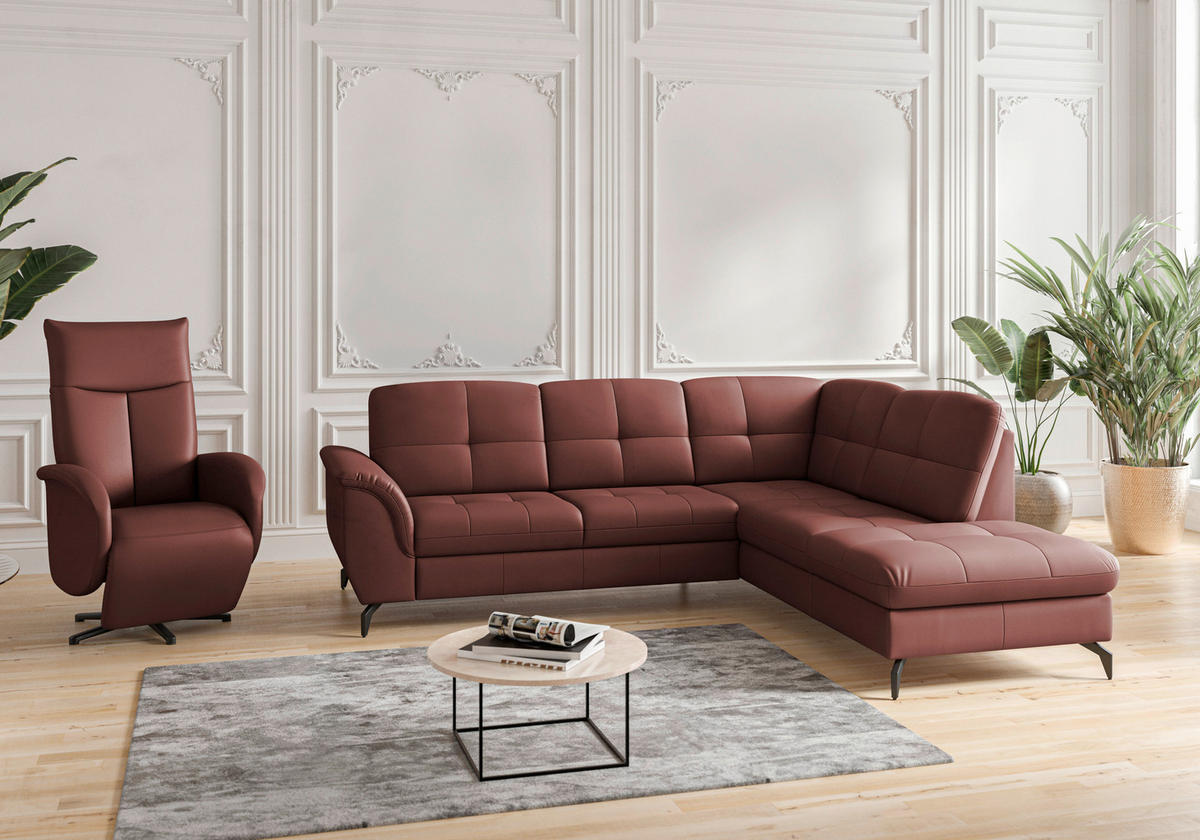 ECKSOFA ZORA E Rotbraun Echtleder  - Rotbraun/Schwarz, MODERN, Leder/Metall (244/212cm) - Sit & More