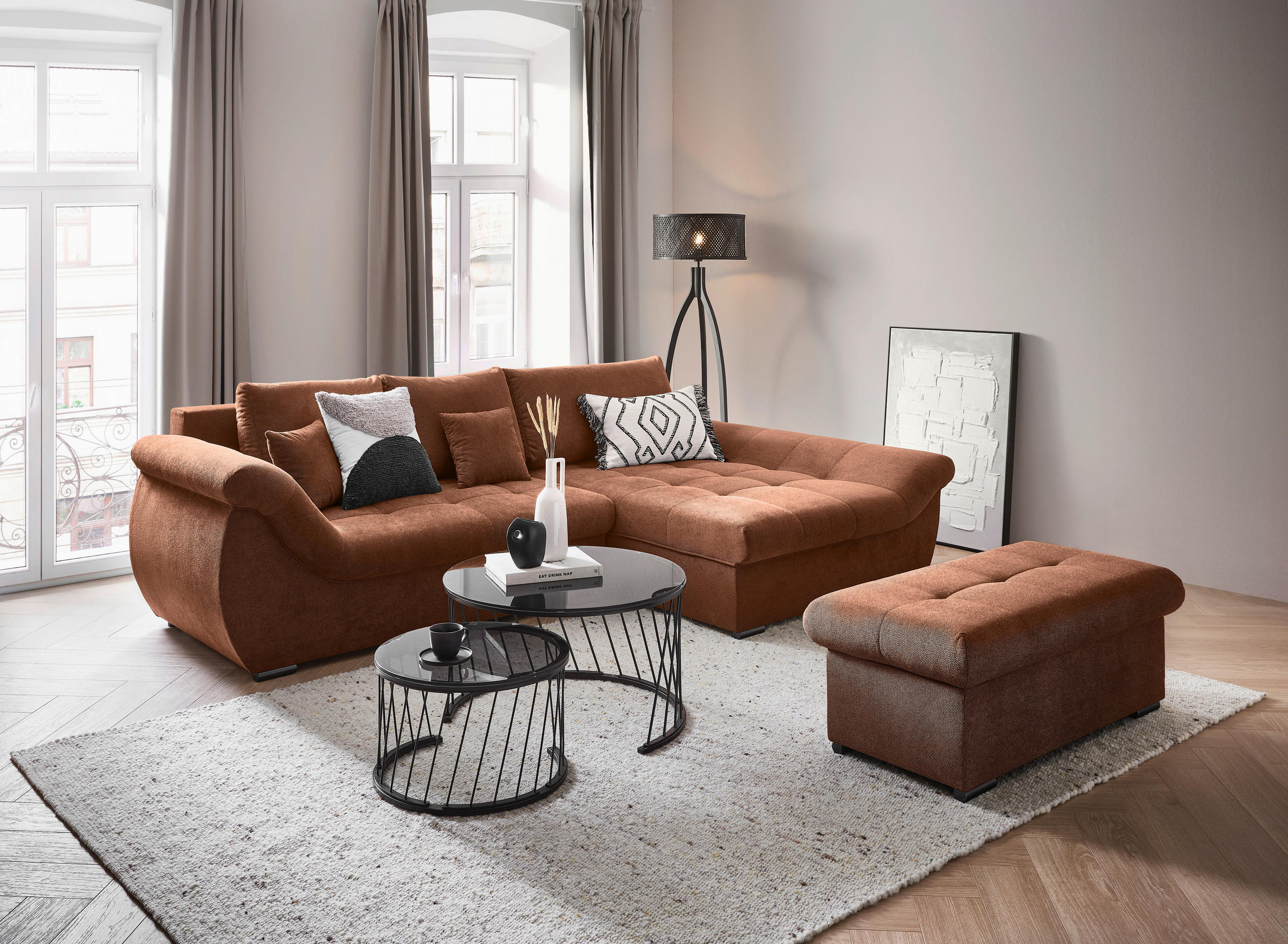 ECKSOFA Haselnussfarben Flachgewebe  - Schwarz/Haselnussfarben, Design, Kunststoff/Textil (278/175cm) - Xora