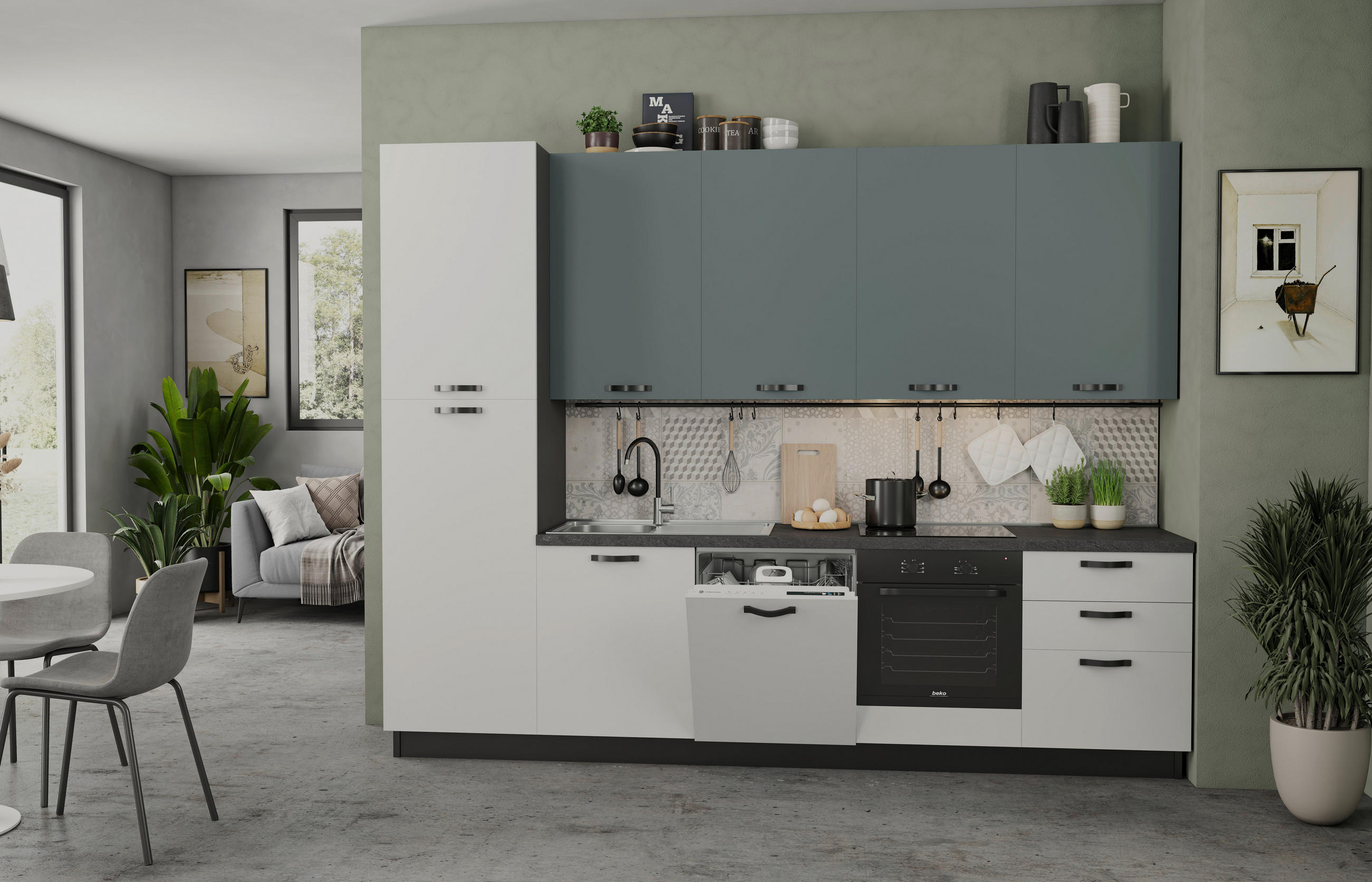 BLOK KUHINJA SA APARATIMA   - zelena/svetlosiva, Moderno, metal/pločasti materijal (300/240/60cm) - Xora