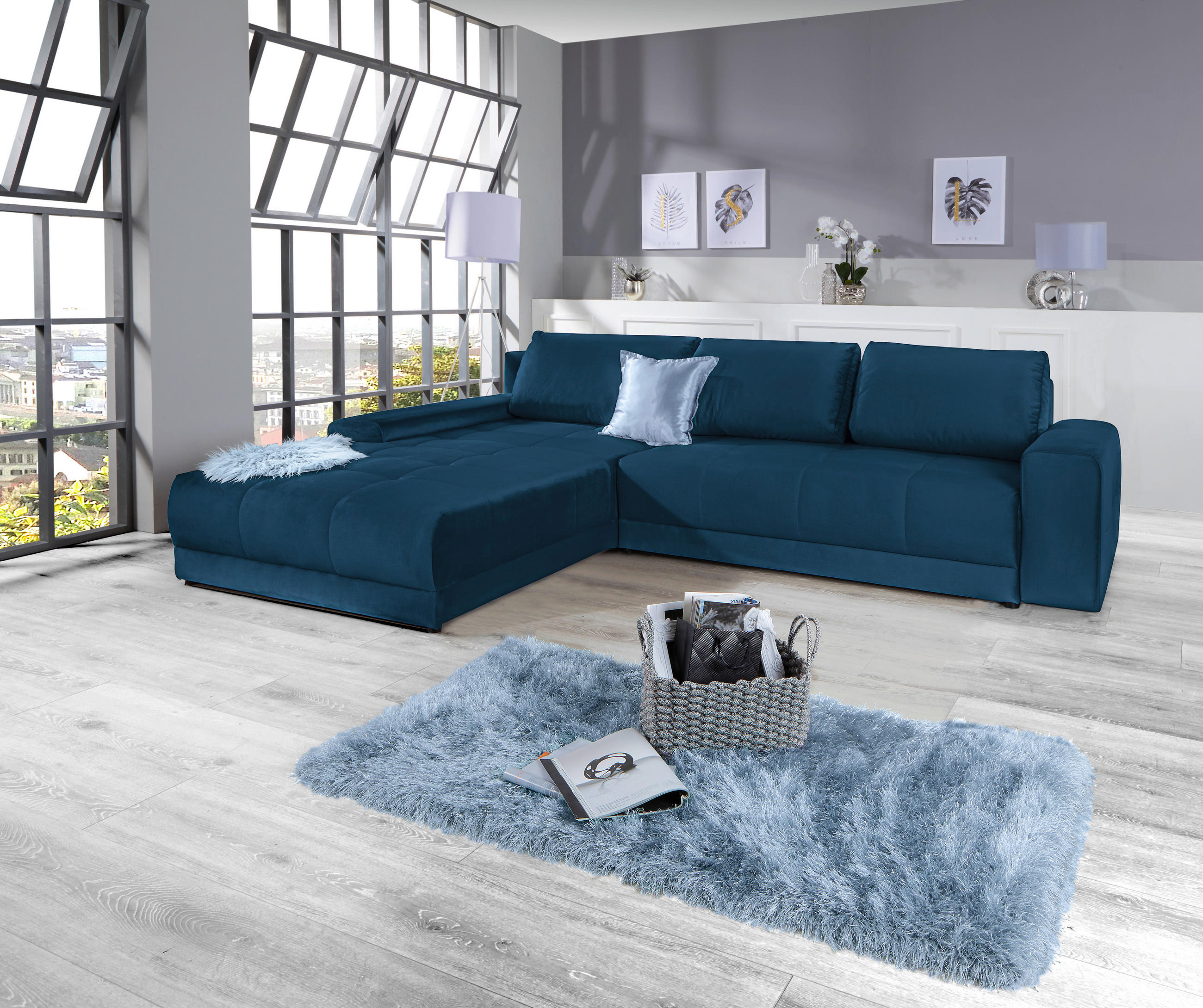 ECKSOFA Dunkelblau Samt  - Dunkelblau, MODERN, Textil (213/308cm) - MID.YOU