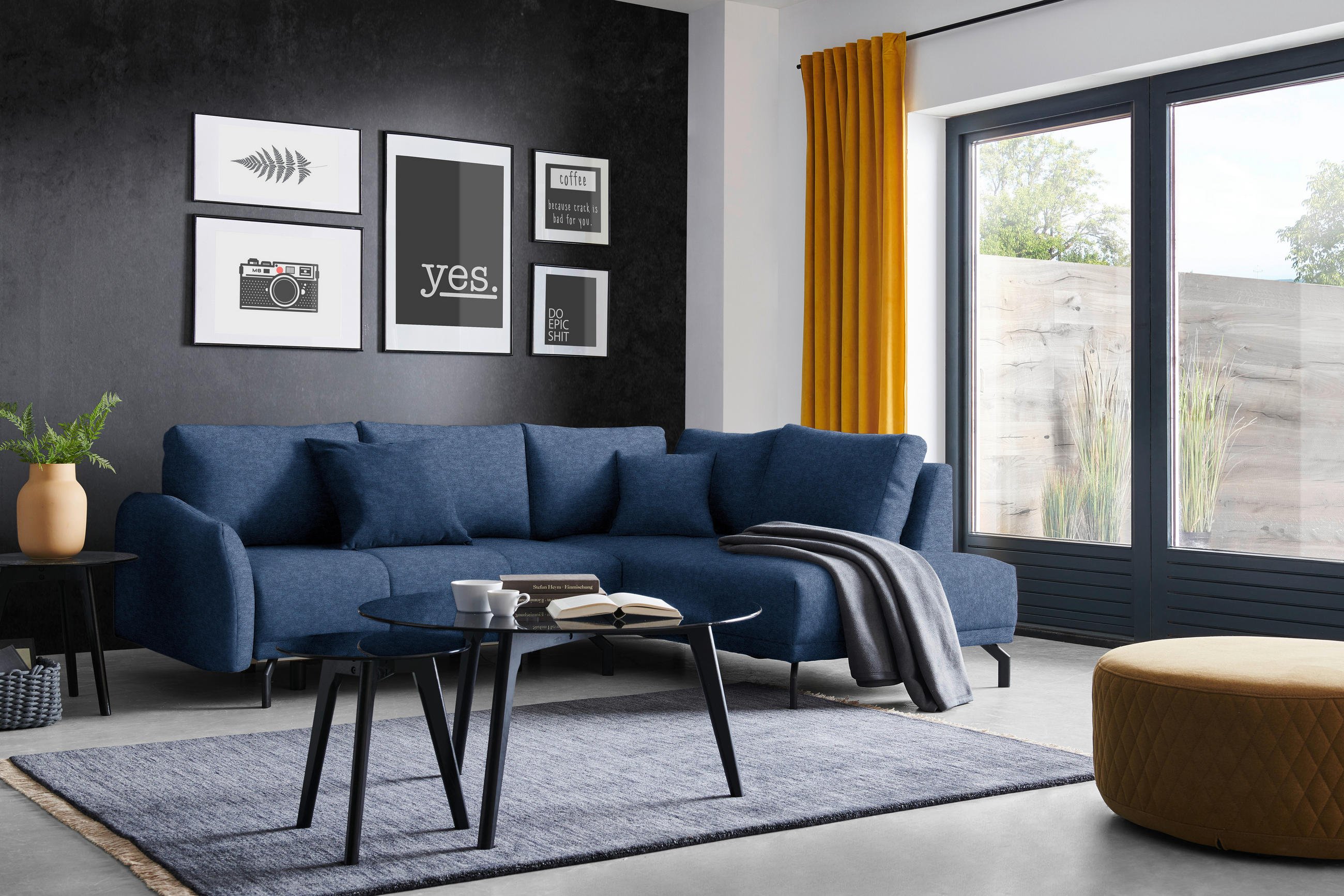 ECKSOFA in Webstoff Dunkelblau  250/191 cm  - Schwarz/Dunkelblau, Design, Textil/Metall (250/191cm) - Carryhome