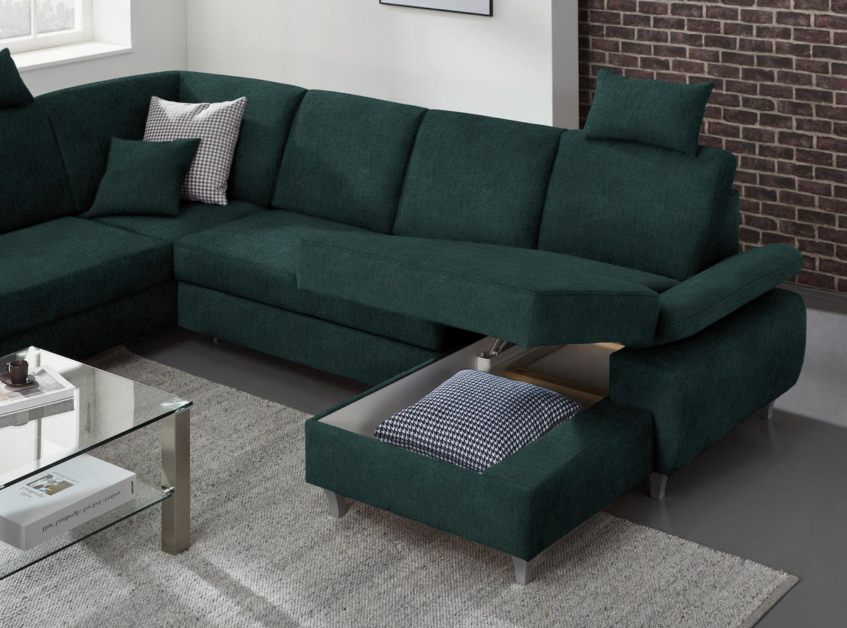 WOHNLANDSCHAFT in Struktur Dunkelgrün  - Dunkelgrün/Silberfarben, KONVENTIONELL, Holz/Textil (186/322/167cm) - Cantus