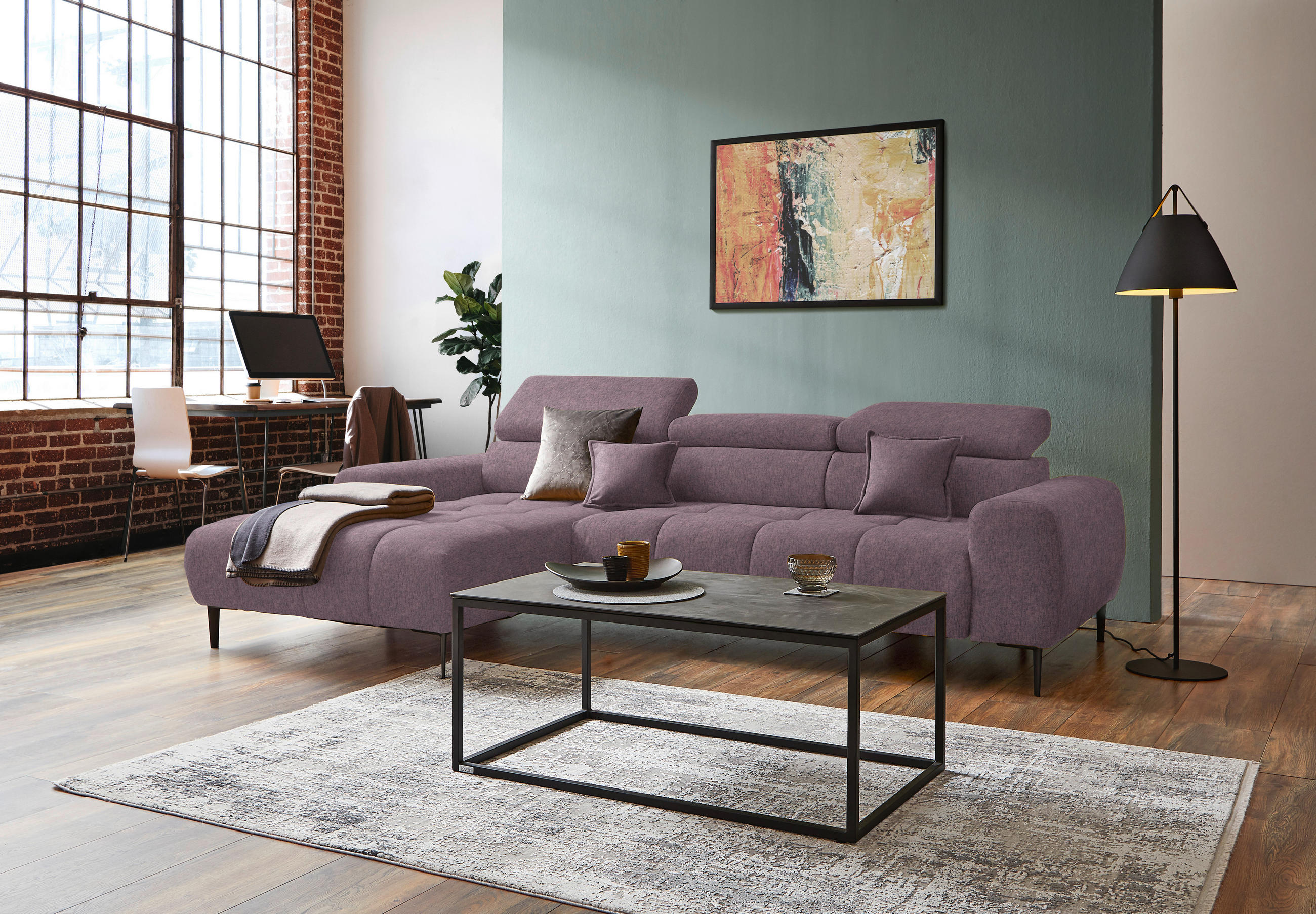 ECKSOFA Flieder Samt, Webstoff  - Flieder/Schwarz, Design, Textil/Metall (177/270cm) - Welnova