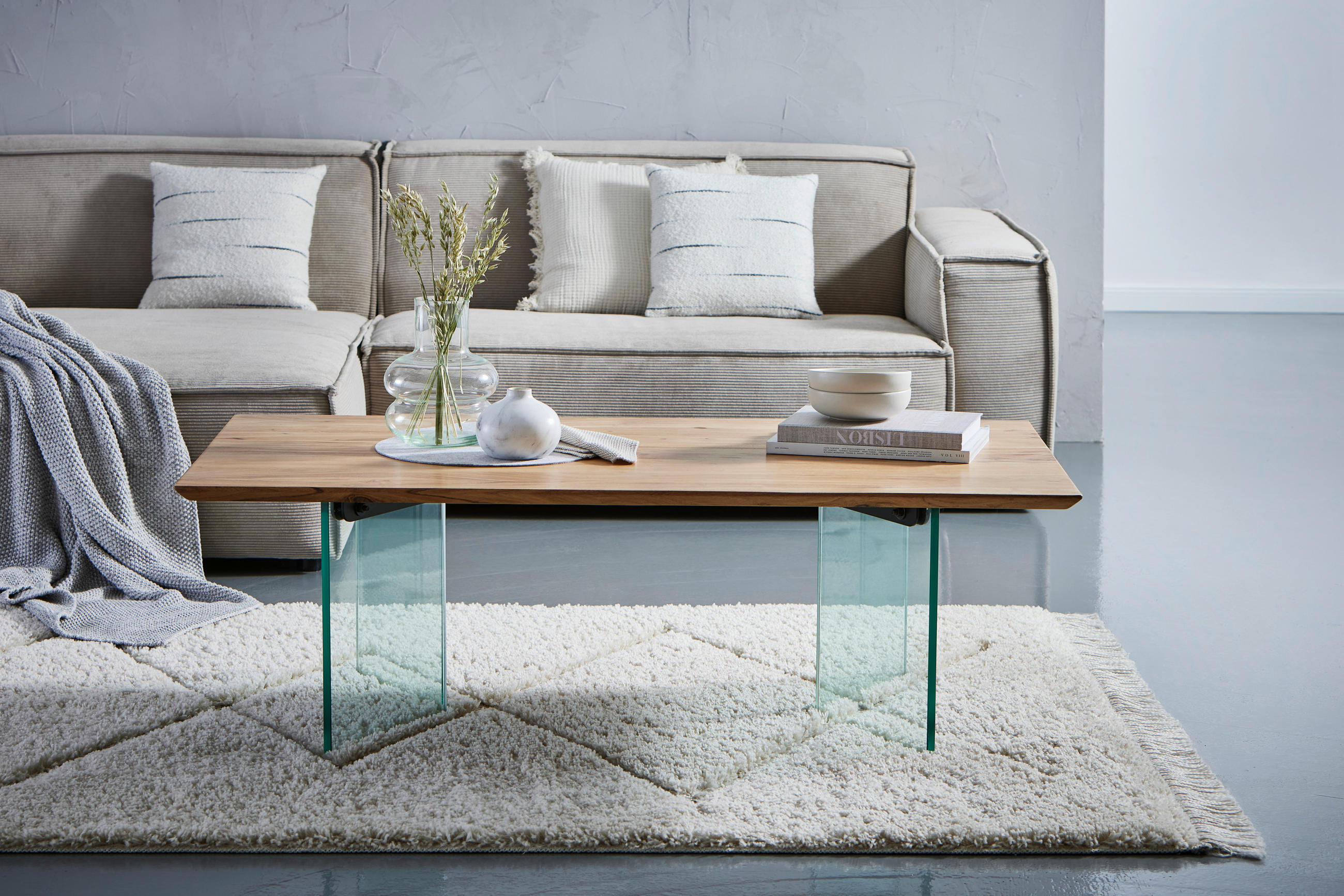 COUCHTISCH Akazie vollmassiv ESG rechteckig Akaziefarben  - Transparent/Akaziefarben, Design, Glas/Holz (130/42/70cm) - Livetastic