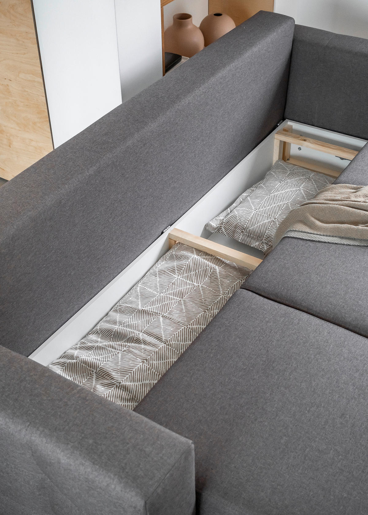 SCHLAFSOFA in Webstoff Grau  - Buchefarben/Grau, Design, Holz/Textil (230/93/92cm) - MID.YOU