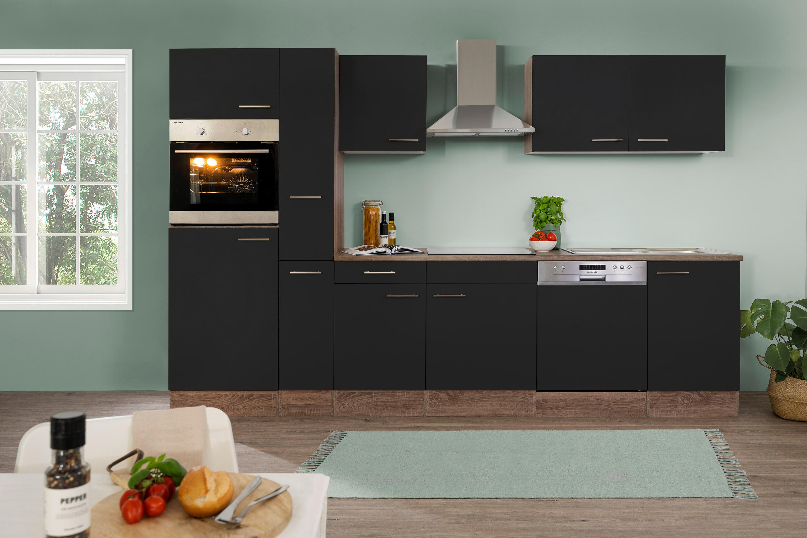 KÜCHENLEERBLOCK 310 cm   in Schwarz  - Edelstahlfarben/Eichefarben, Basics, Holzwerkstoff/Metall (310cm) - Respekta
