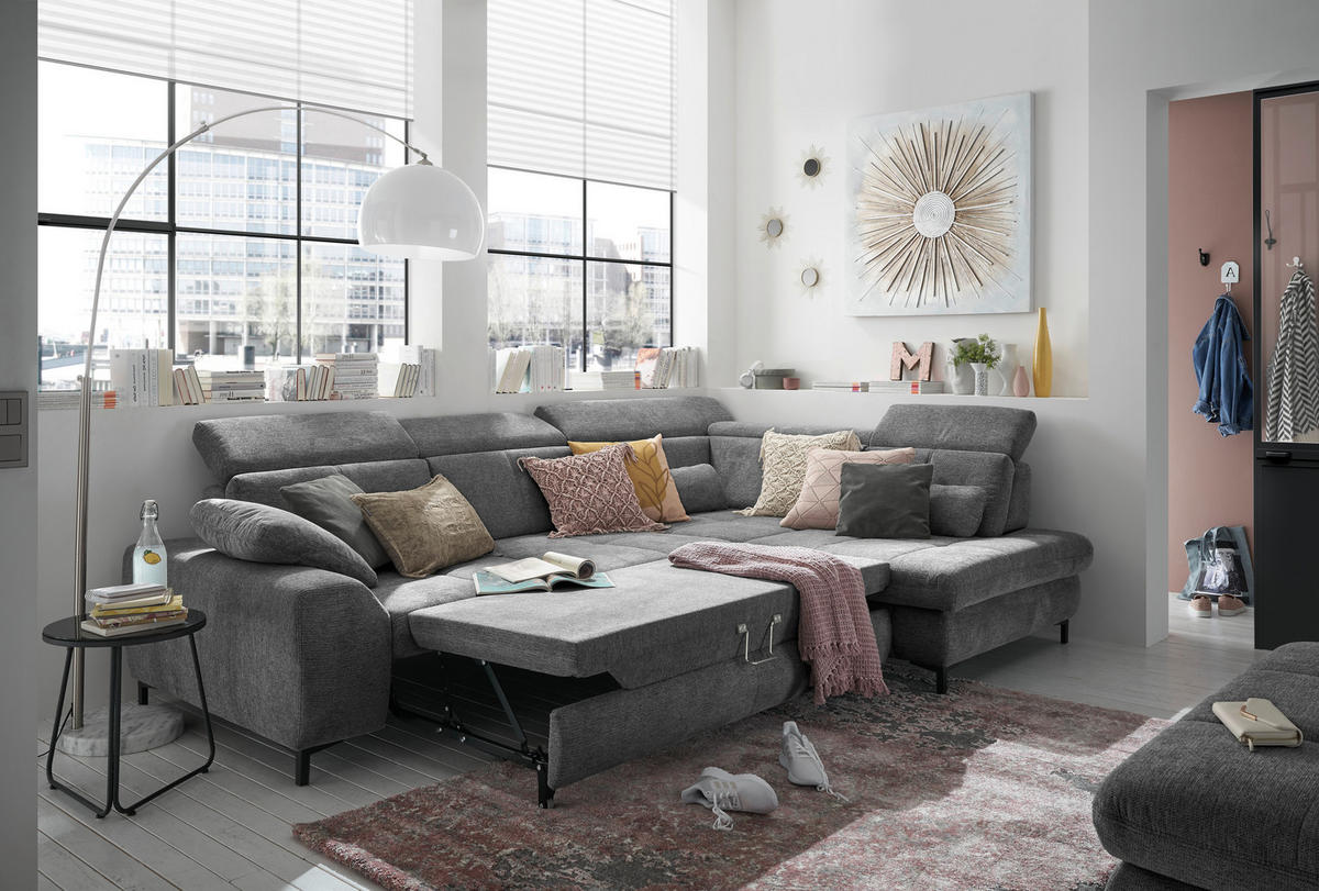 ECKSOFA Anthrazit Webstoff  - Anthrazit/Schwarz, KONVENTIONELL, Textil/Metall (314/220cm) - SetOne by Musterring