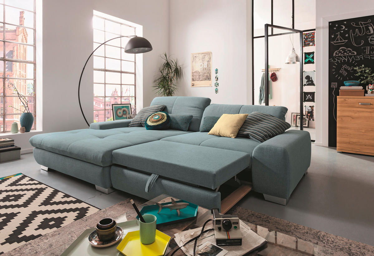 ECKSOFA Hellblau Flachgewebe  - Chromfarben/Hellblau, Design, Textil/Metall (198/276cm) - SetOne by Musterring