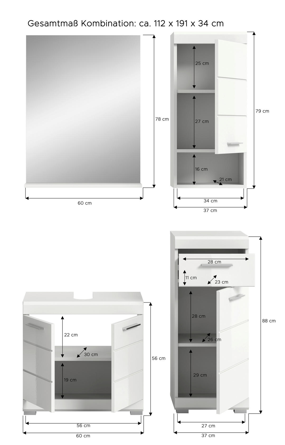 BADEZIMMER 4-teilig  in 97 cm  - Weiß Hochglanz/Silberfarben, MODERN, Glas/Holzwerkstoff (97cm) - MID.YOU