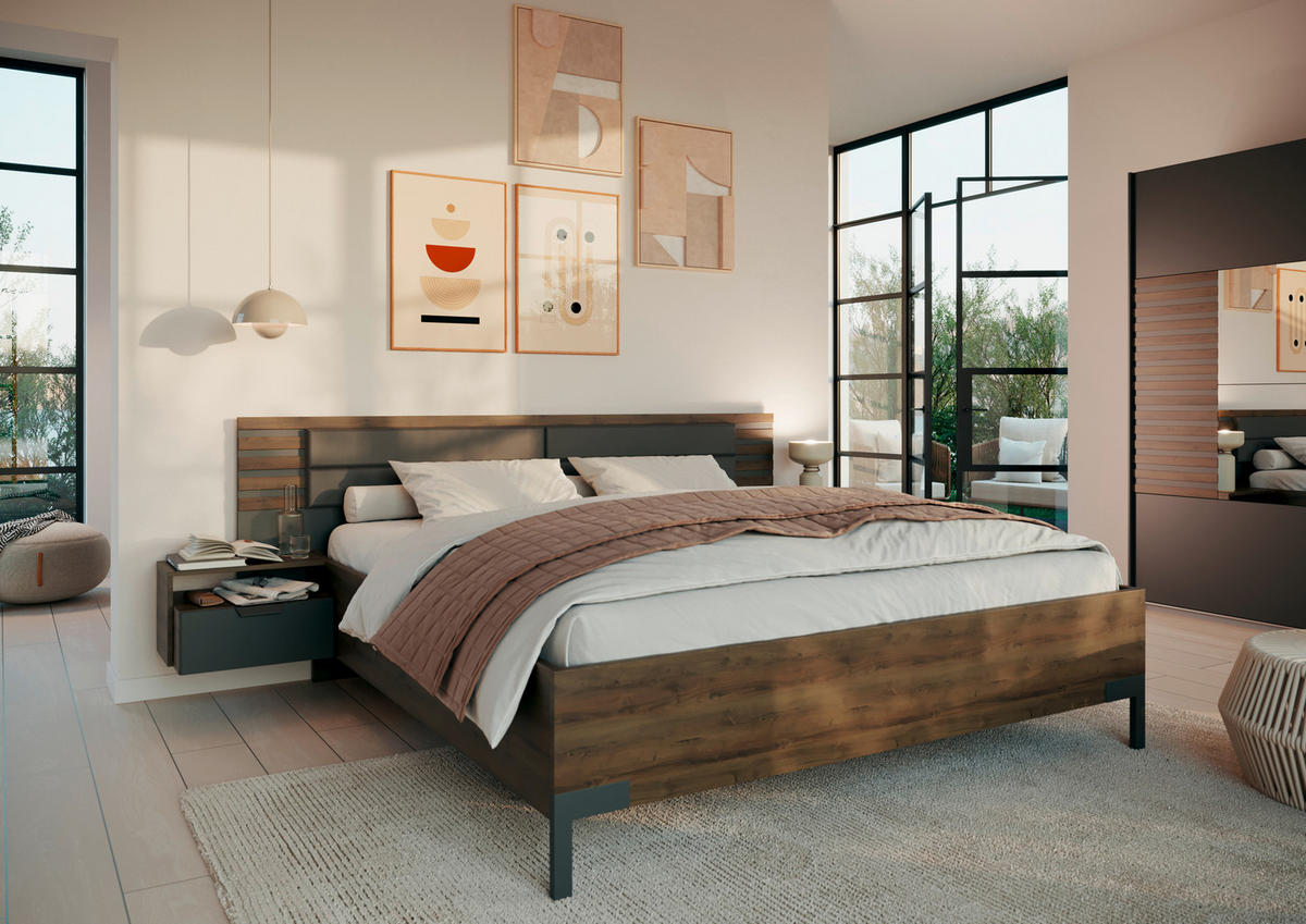 SÄNGSYSTEM 180/200 cm  i mörkgrå, mörk ek   - mörkgrå/mörk ek, Modern, trämaterial/textil (180/200cm) - Rauch Möbel