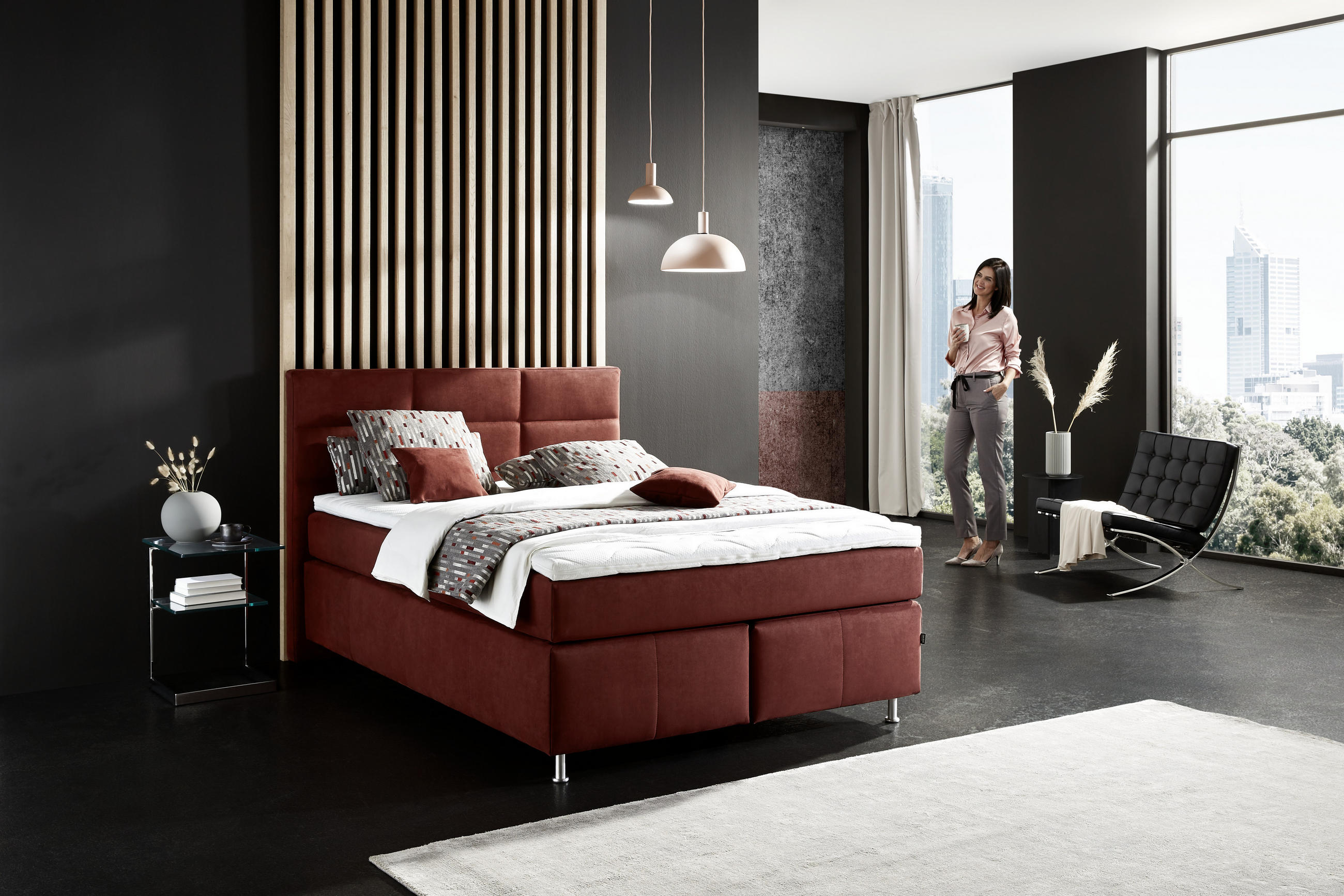 BOXSPRINGBETT 140/200 cm  in Rotbraun  - Rotbraun/Alufarben, Konventionell, Textil/Metall (140/200cm) - Dieter Knoll