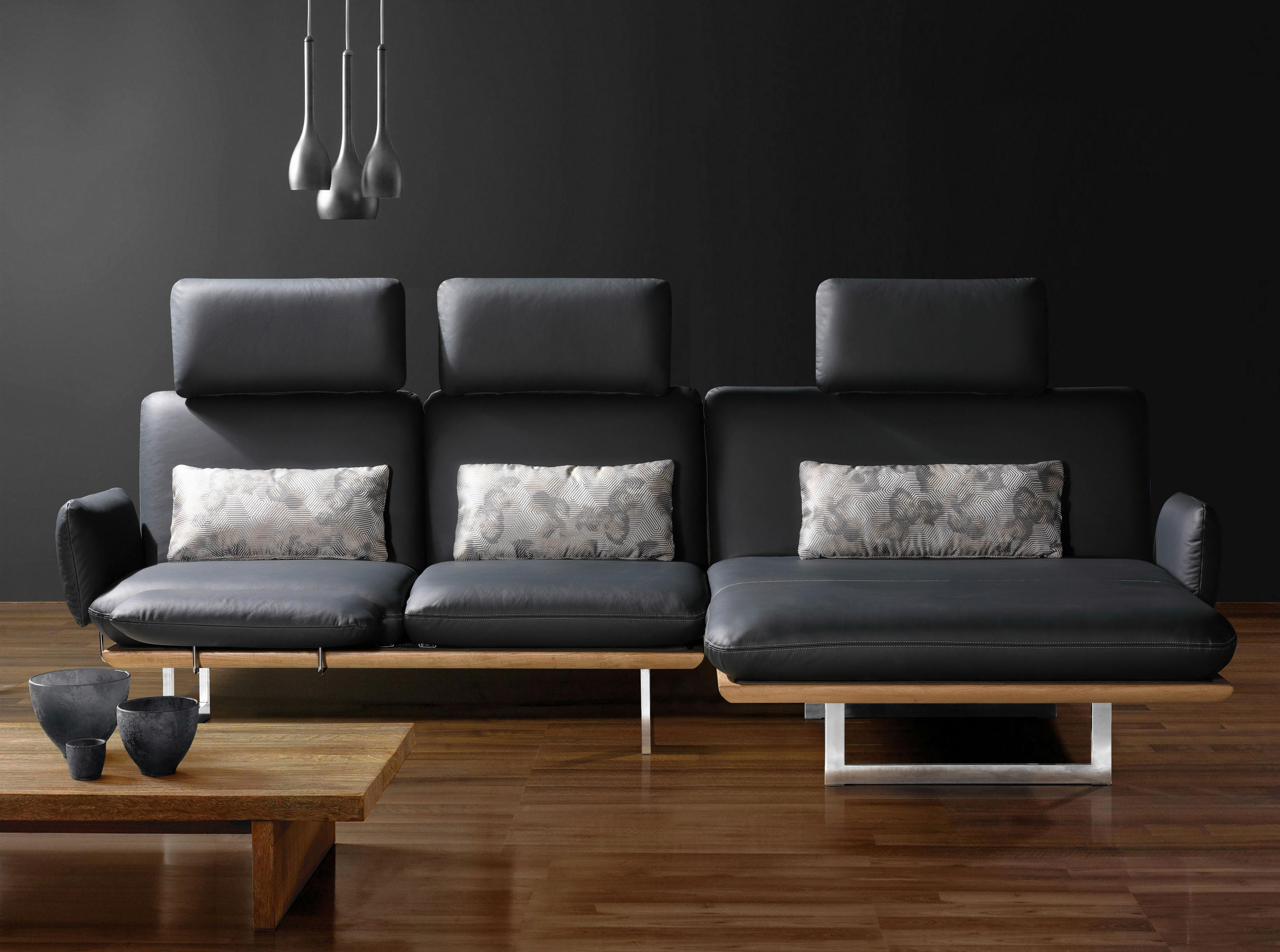 SCHLAFSOFA in Echtleder Schwarz  - Chromfarben/Schwarz, Design, Leder/Holz (164/92/90cm) - Dieter Knoll
