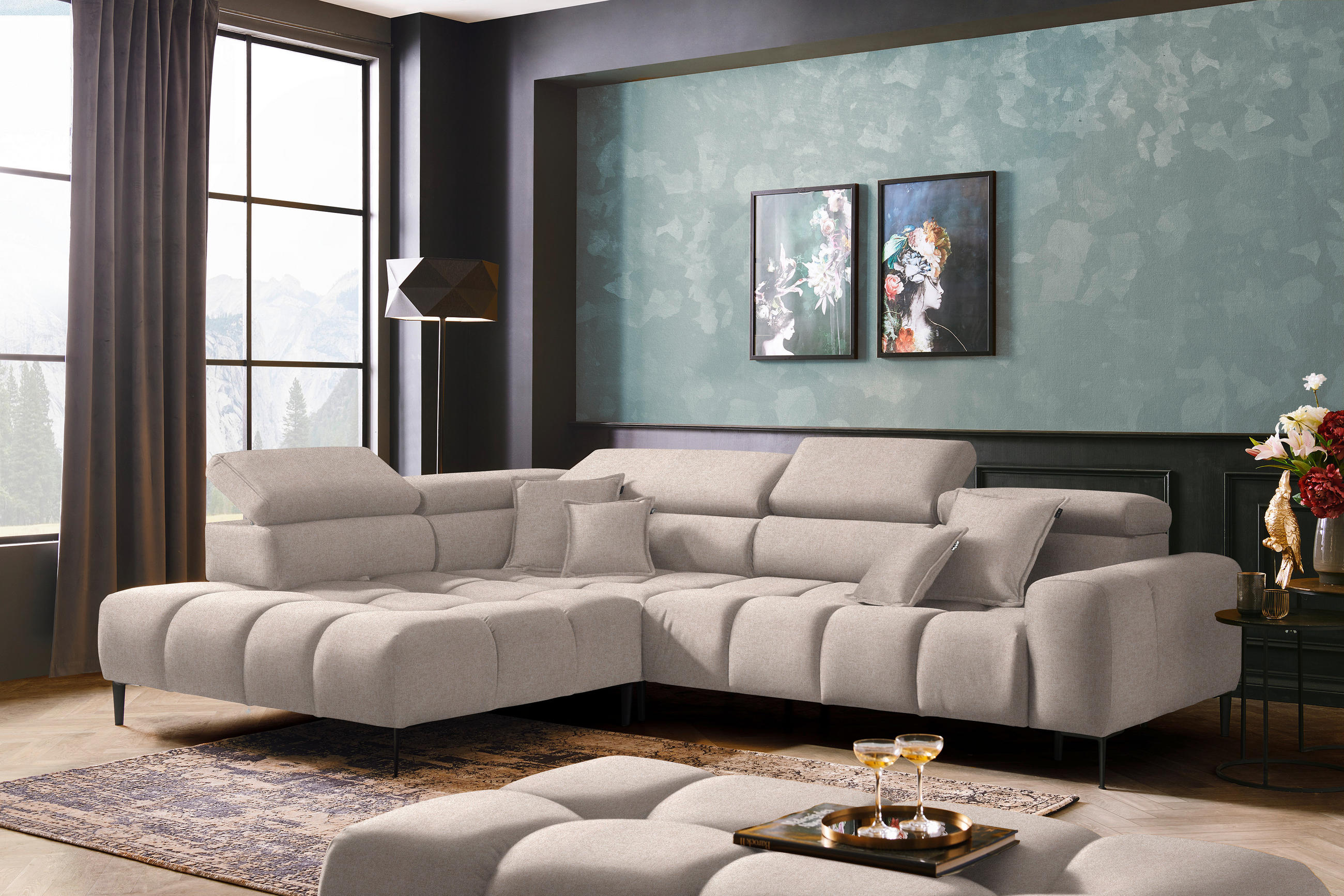 ECKSOFA Beige Webstoff  - Beige/Schwarz, Design, Textil/Metall (216/300cm) - Welnova