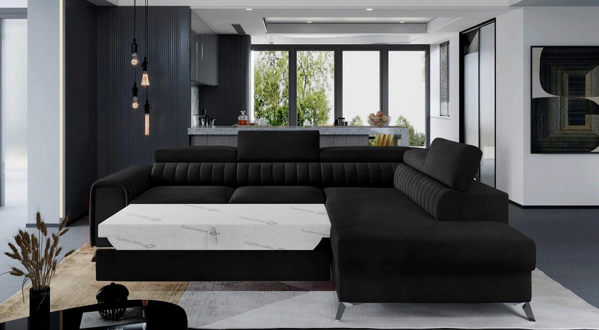 ECKSOFA in Samt Schwarz  278/205 cm  - Silberfarben/Schwarz, Design, Textil/Metall (278/205cm) - MID.YOU