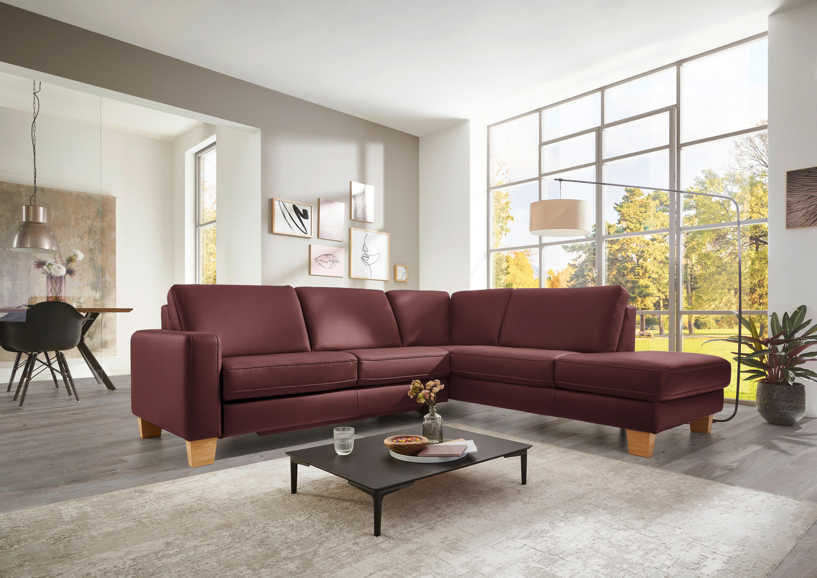 ECKSOFA in Echtleder Beere  - Eiche Bianco/Beere, Natur, Leder/Holz (257/235cm) - Valdera