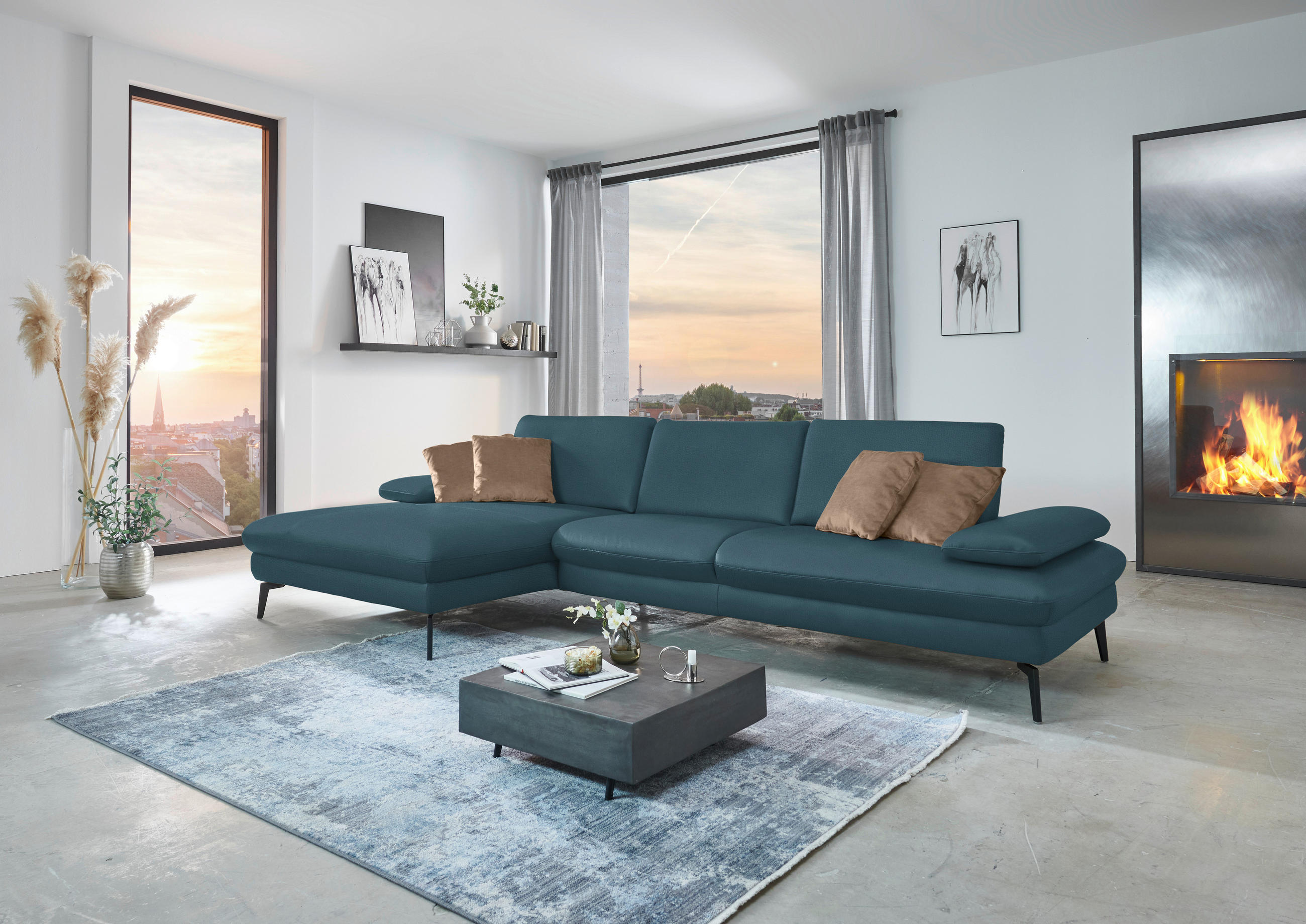 ECKSOFA in Echtleder Blau  - Blau/Schwarz, Design, Leder/Metall (157/325cm) - Dieter Knoll