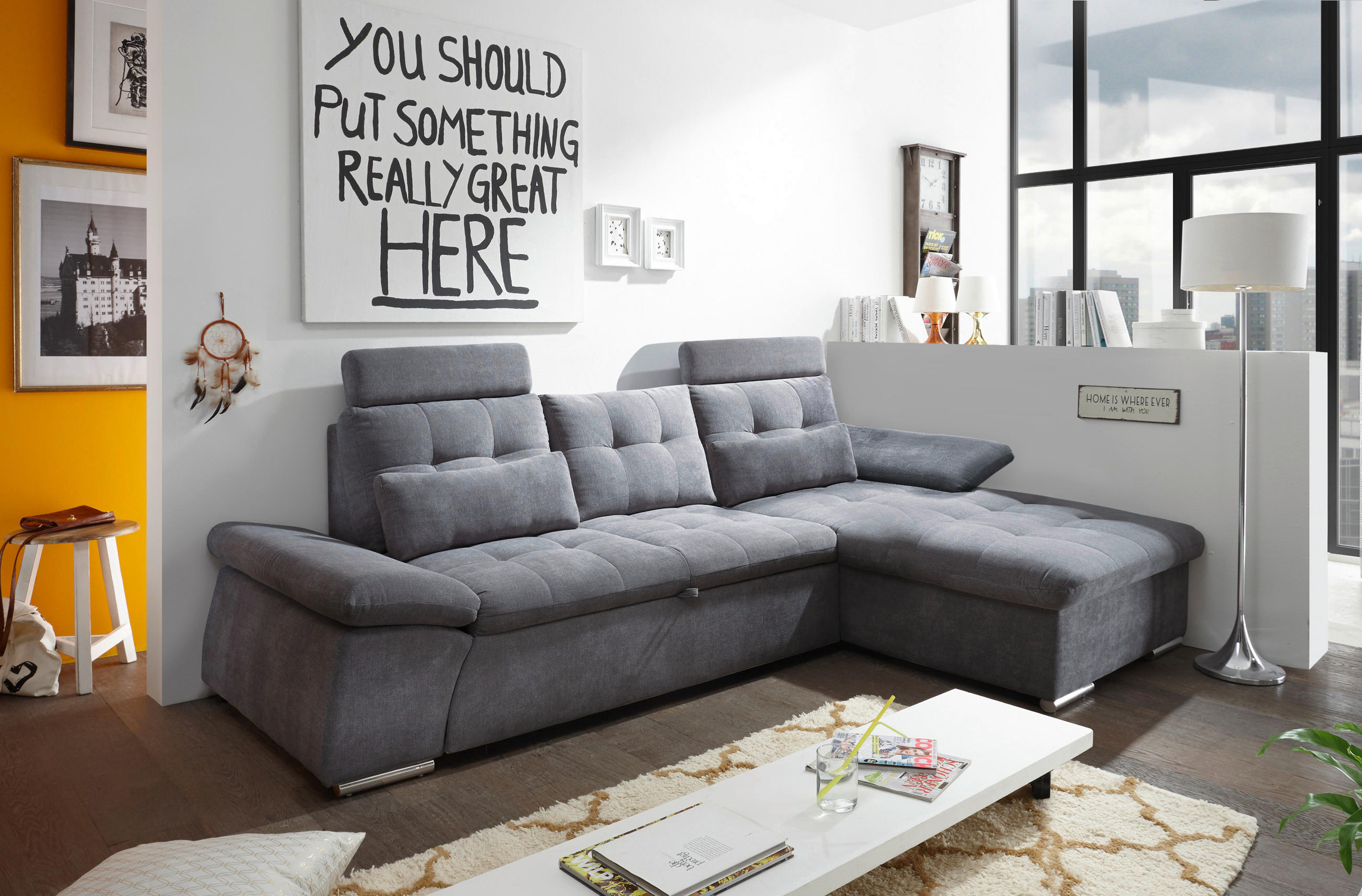ECKSOFA Dunkelgrau Mikrovelours  - Dunkelgrau/Silberfarben, KONVENTIONELL, Kunststoff/Textil (268/170cm) - MID.YOU