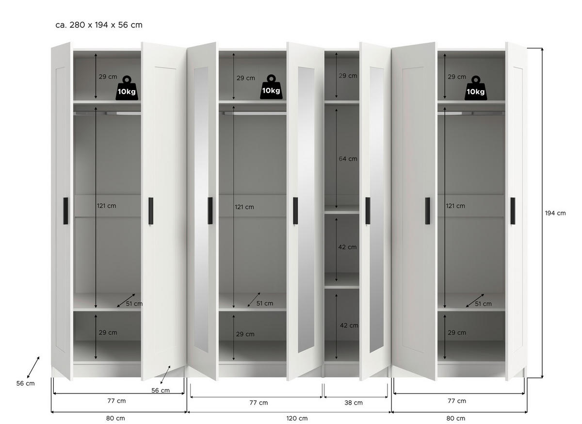 DREHTÜRENSCHRANK 280/194/56 cm,  in Weiß, 7 Tür(en)-türig  - Schwarz/Weiß, ROMANTIK / LANDHAUS, Holzwerkstoff/Kunststoff (280/194/56cm) - Livetastic