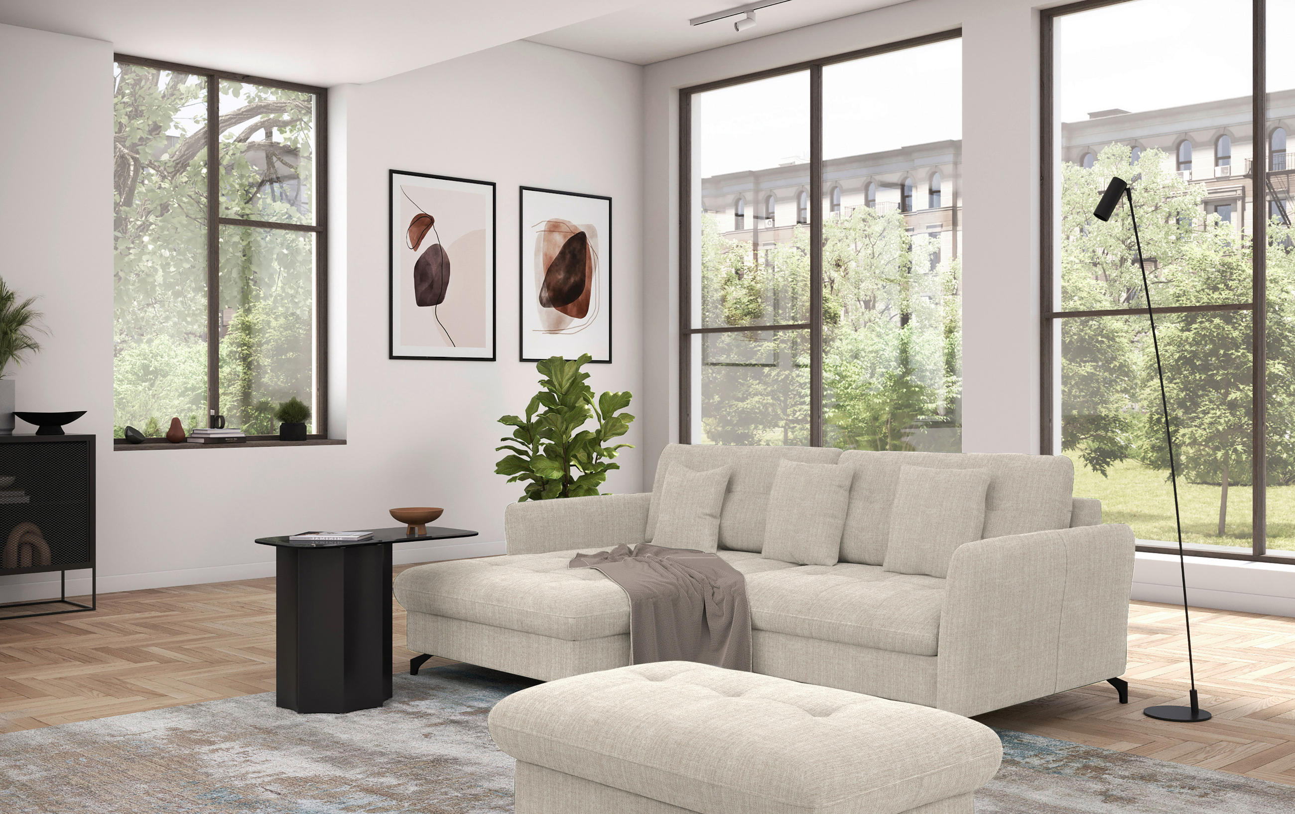 ECKSOFA in Flachgewebe, Leinenoptik Beige  - Beige/Schwarz, Design, Textil/Metall (170/242cm) - Xora